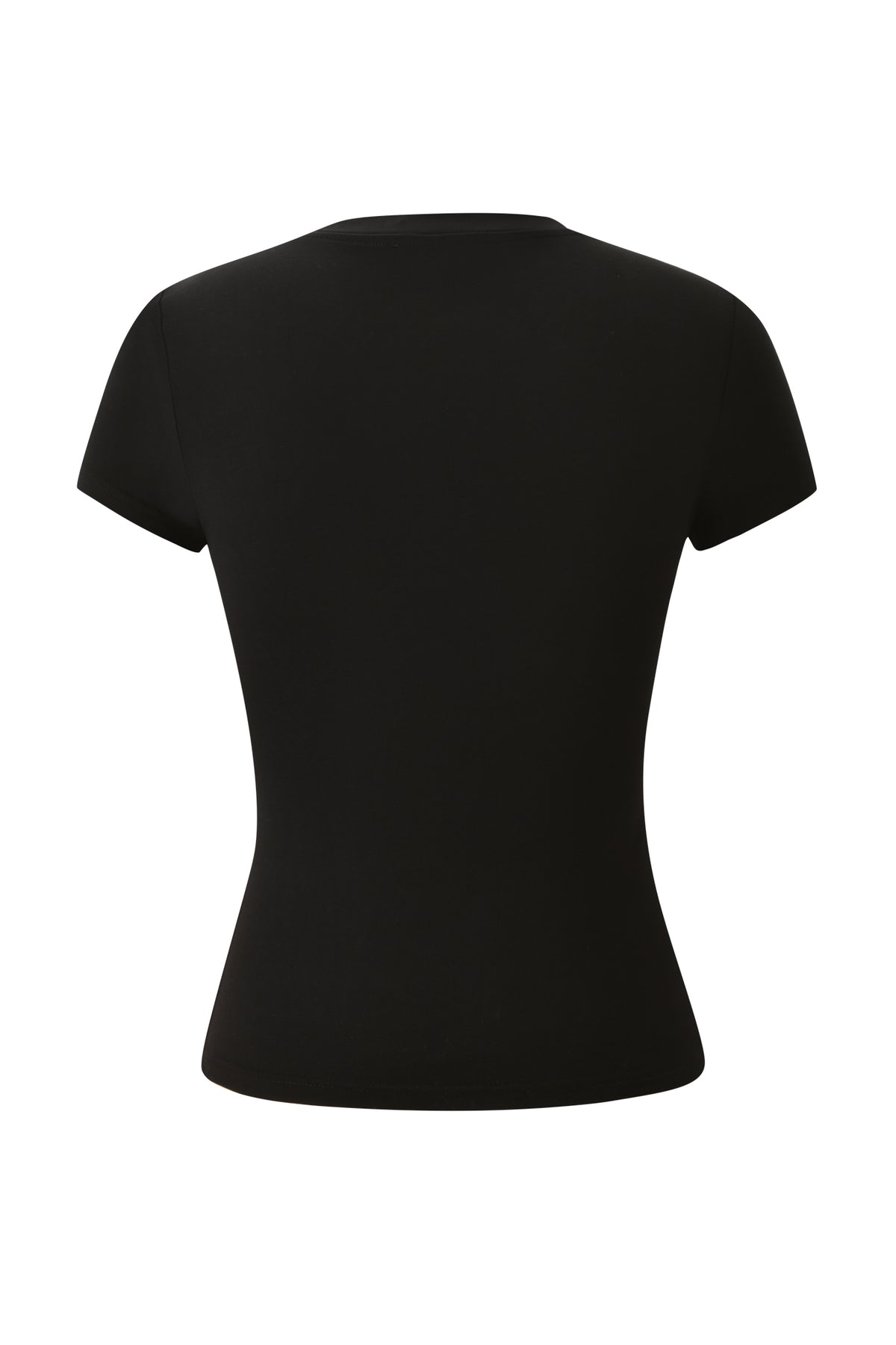 Back view of a plain black YVL T-SHIRT - BLACK CAT short-sleeved t-shirt.
