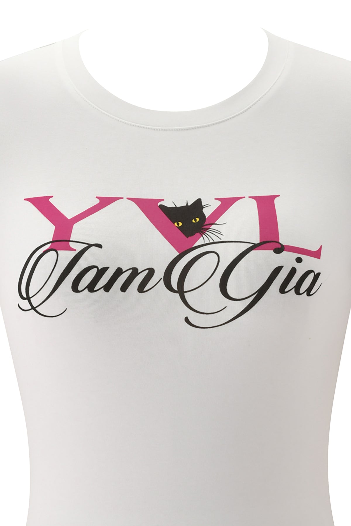 White I.AM.GIA YVL T-SHIRT - WHITE CAT featuring a black cat peeking from behind pink “YVL” letters over black script text.