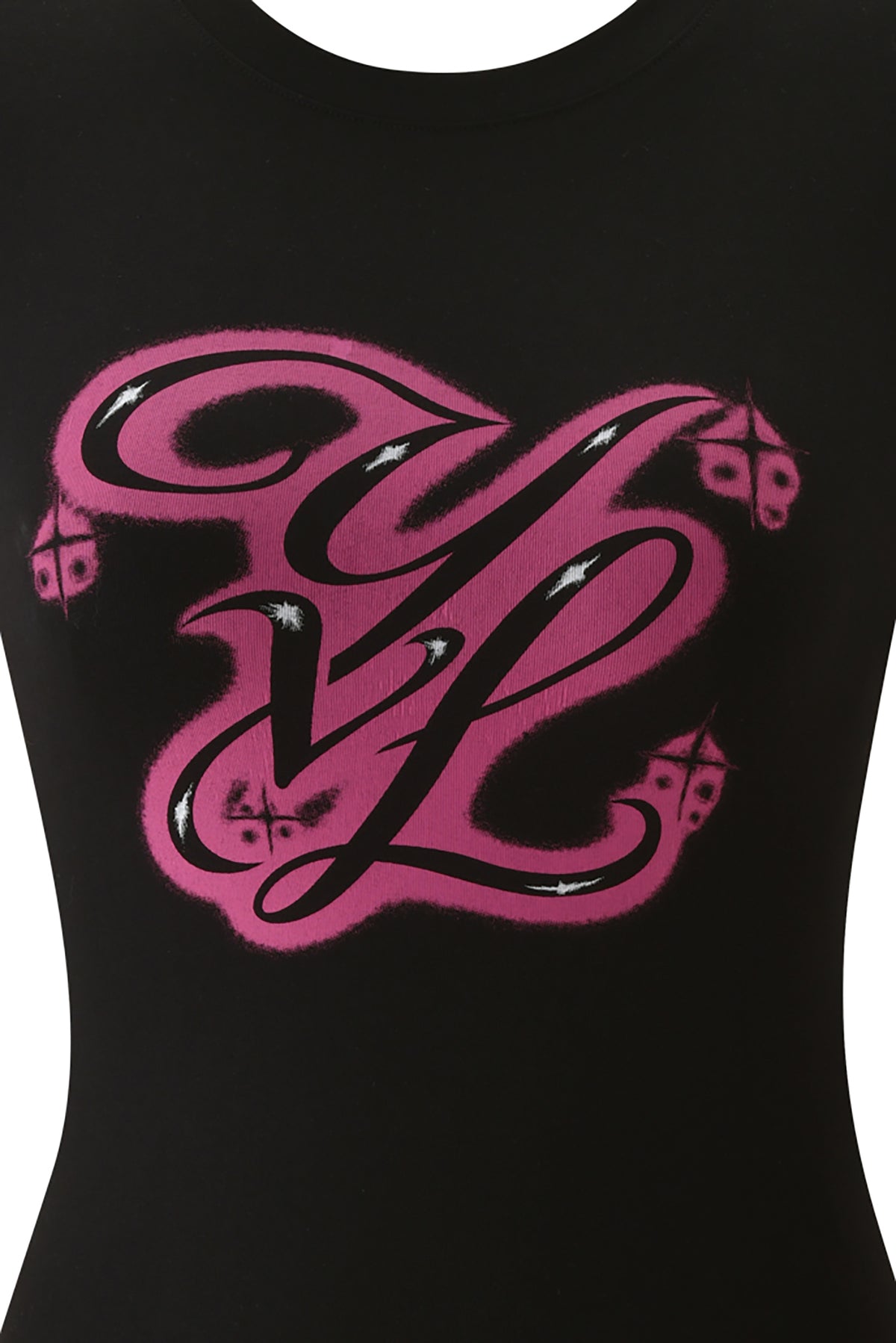 Black short-sleeved YVL T-SHIRT - BLACK MONOGRAM with a large, stylized pink and black graffiti-style design on the chest.