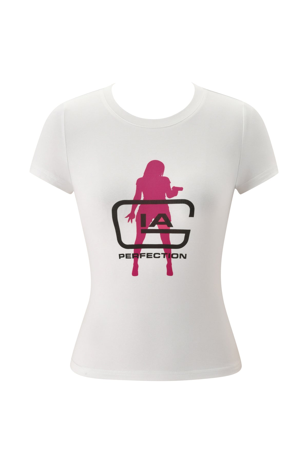 White YVL T-SHIRT - WHITE GIA short-sleeved t-shirt with a chest graphic of a pink woman’s silhouette inside a black frame, featuring the text “IA” and “PERFECTION” underneath.