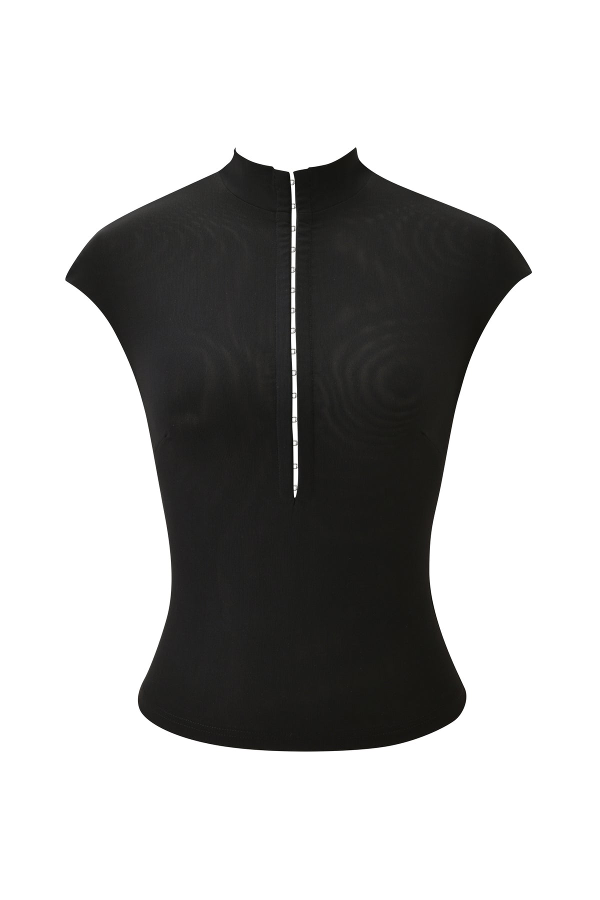 Black ZOYA TOP bodycon short-sleeved top featuring a mock neck and a central front hook-and-eye keyhole closure.