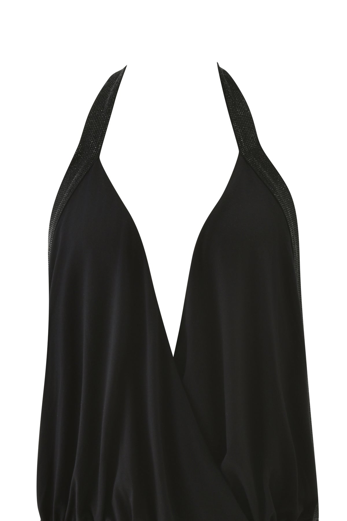 AMARYS MINI DRESS - BLACK in a draped mini silhouette with a deep plunging neckline and halter straps.