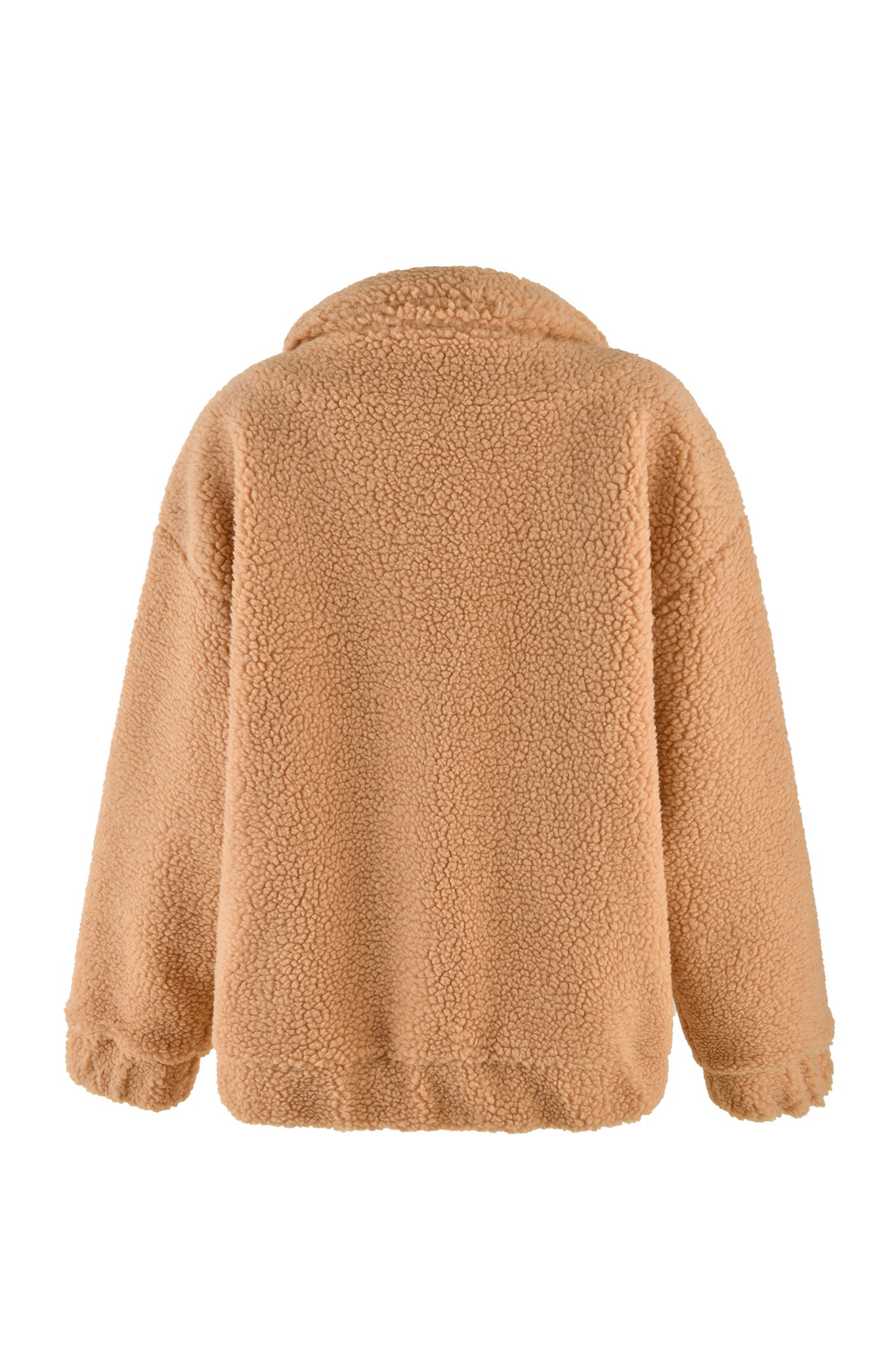 The I.AM.GIA PIXIE COAT - CARAMEL is displayed from the back, showcasing its plush, textured surface. This tan-colored fleece jacket features a high collar and long sleeves that are slightly gathered at the cuffs. The hem is also gathered for a snug fit.
