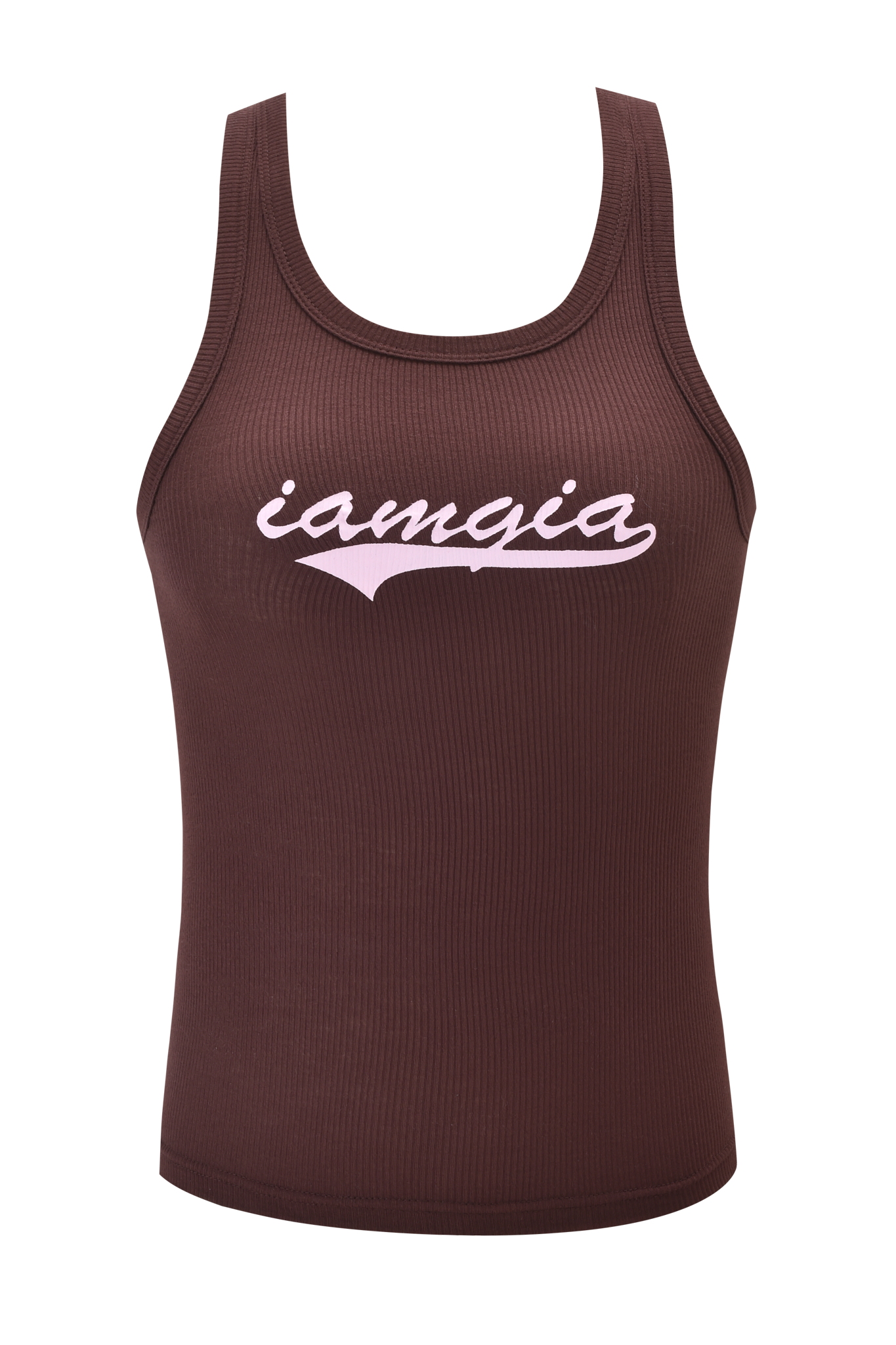 The PENELOPE TANK - BROWN by I.AM.GIA is a sleeveless, ribbed top featuring the GIA logo in white stylized script across the chest.