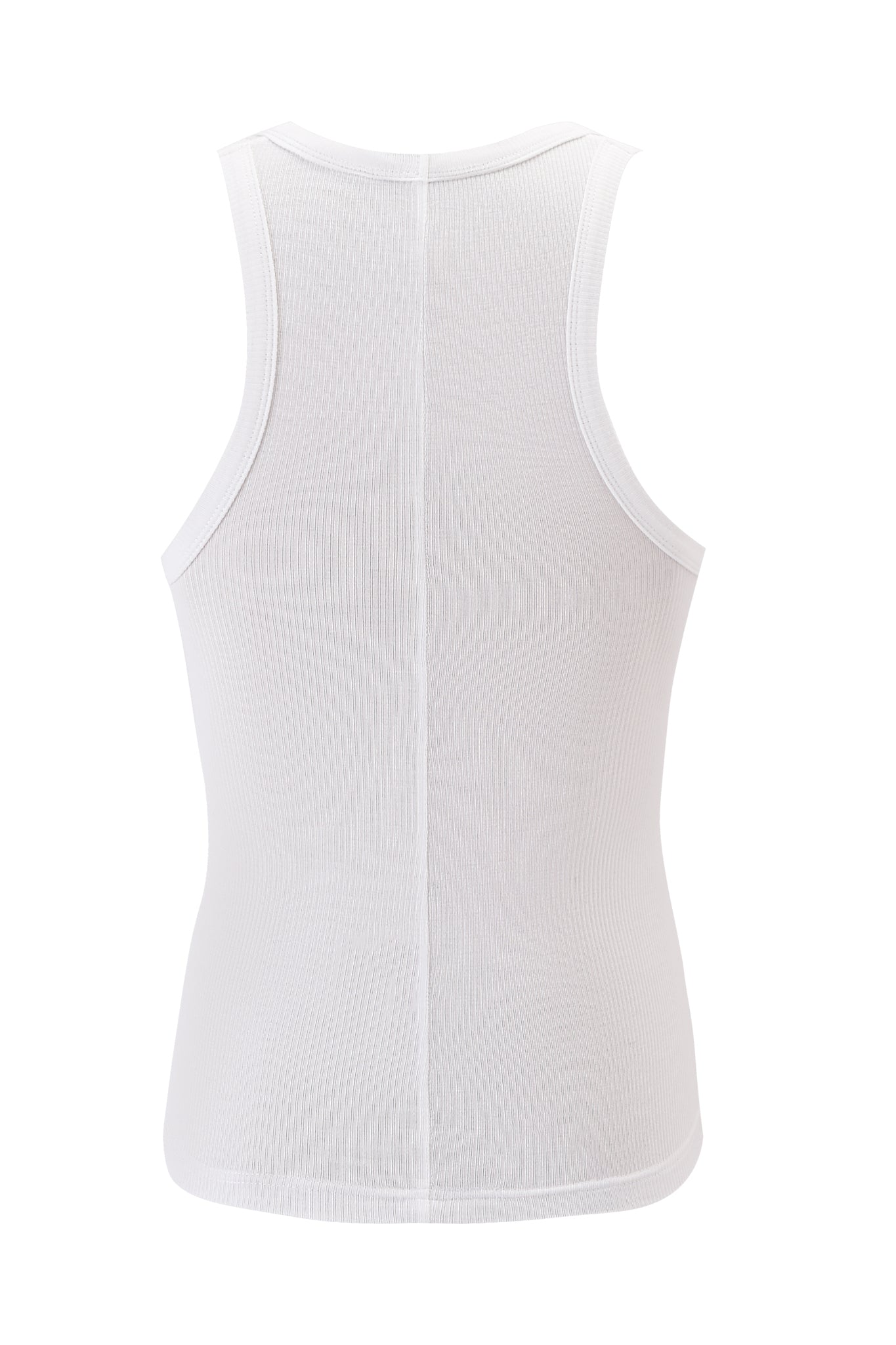 The I.AM.GIA PENELOPE TANK - GIA GIRL is presented in a back view against a white background. This racer tank style has white ribbed fabric with a vertical seam down the center, enhancing its classic elegance.