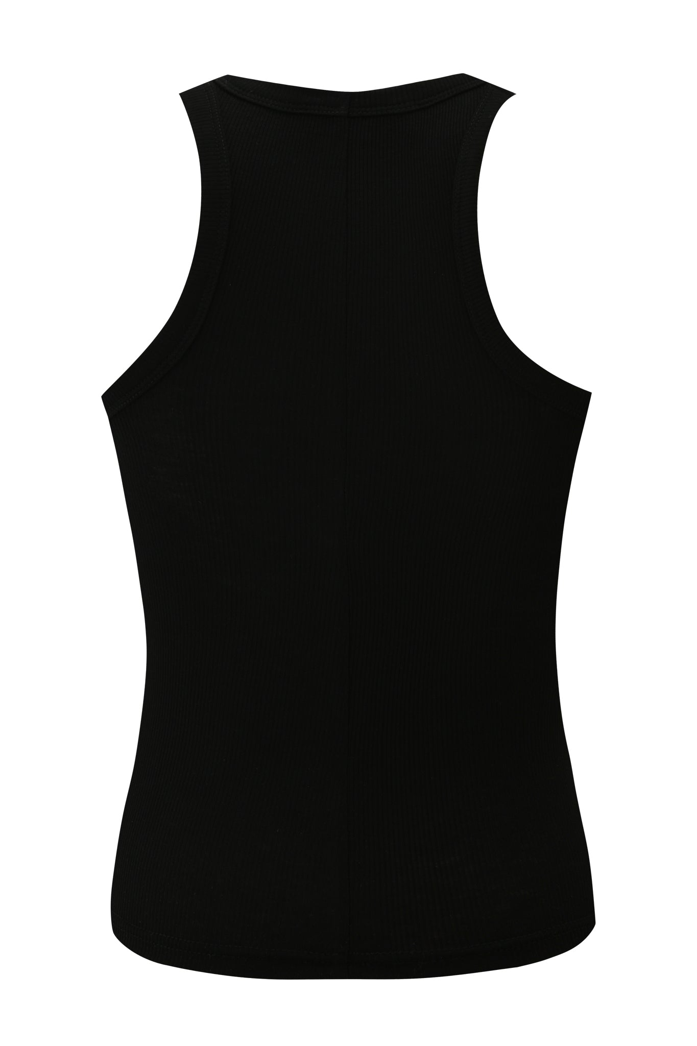 The I.AM.GIA PENELOPE TANK - GIA LOGO is shown from the back, featuring a plain black ribbed fabric, fitted silhouette, and classic racerback design.