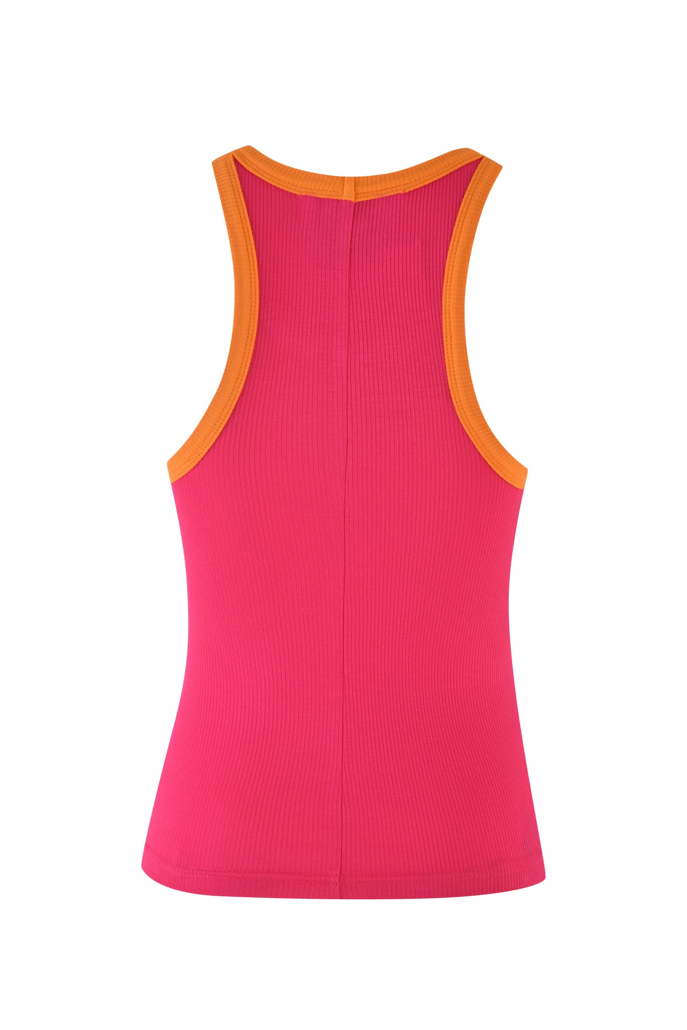 The PENELOPE TANK - PINK : HOT PINK by I.AM.GIA is a sleeveless tank featuring a pink ribbed racer style with bright orange trim around the armholes and neckline, displayed on a white background. It boasts a sleek racerback design.