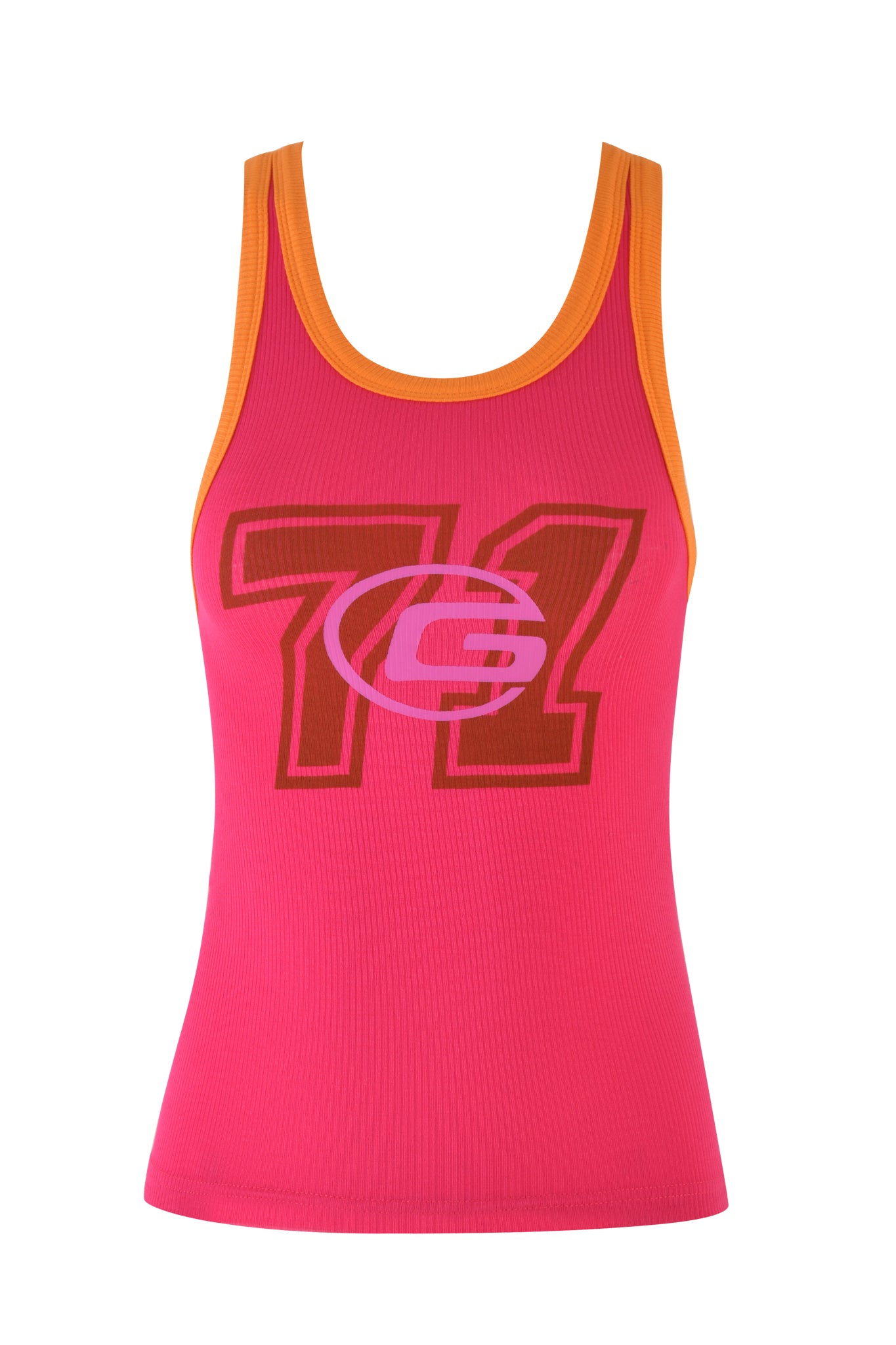 The PENELOPE TANK - PINK, from I.AM.GIA, is a hot pink racerback tank with orange trim that showcases a custom graphic featuring a large red number "71" and a stylized pink "e" in the center.