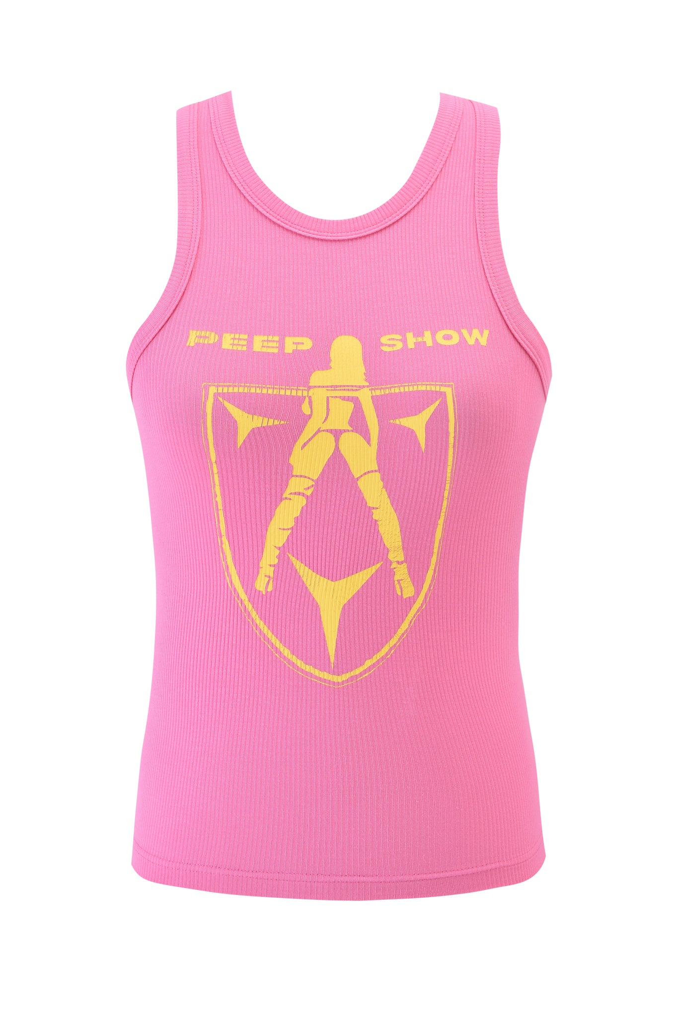 The PENELOPE TANK - PEEP SHOW by I.AM.GIA is a pink ribbed racer tank featuring a yellow graphic of a silhouette within a shield, topped with the text "PEEP SHOW," adding an edgy flair.