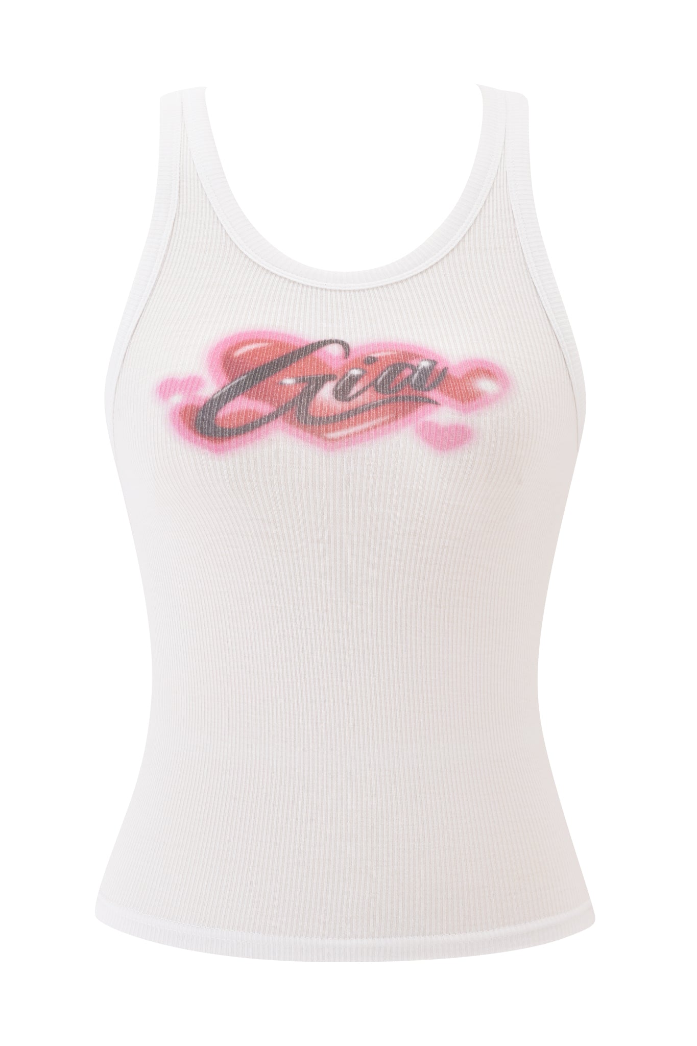 The PENELOPE TANK - PINK AIRBRUSH by I.AM.GIA is a white ribbed tank top with a scoop neckline and "EASY" in pink and black graffiti-style lettering across the chest, shown against a plain white background.