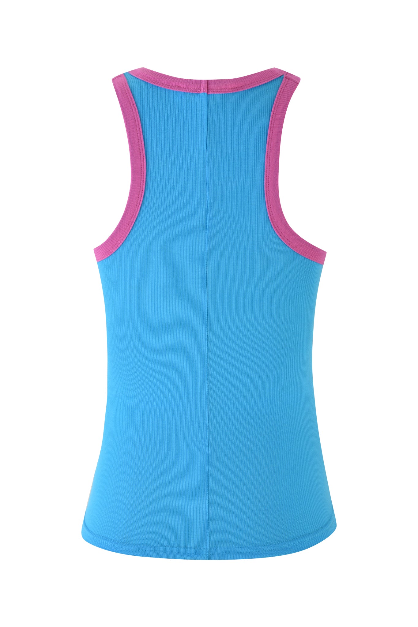The PENELOPE TANK - BLUE : SKY BLUE by I.AM.GIA features a soft ribbed fabric and a sleeveless racer tank style, accented with pink trim. Photographed against a plain white background, its chic design is elegantly highlighted from the back.