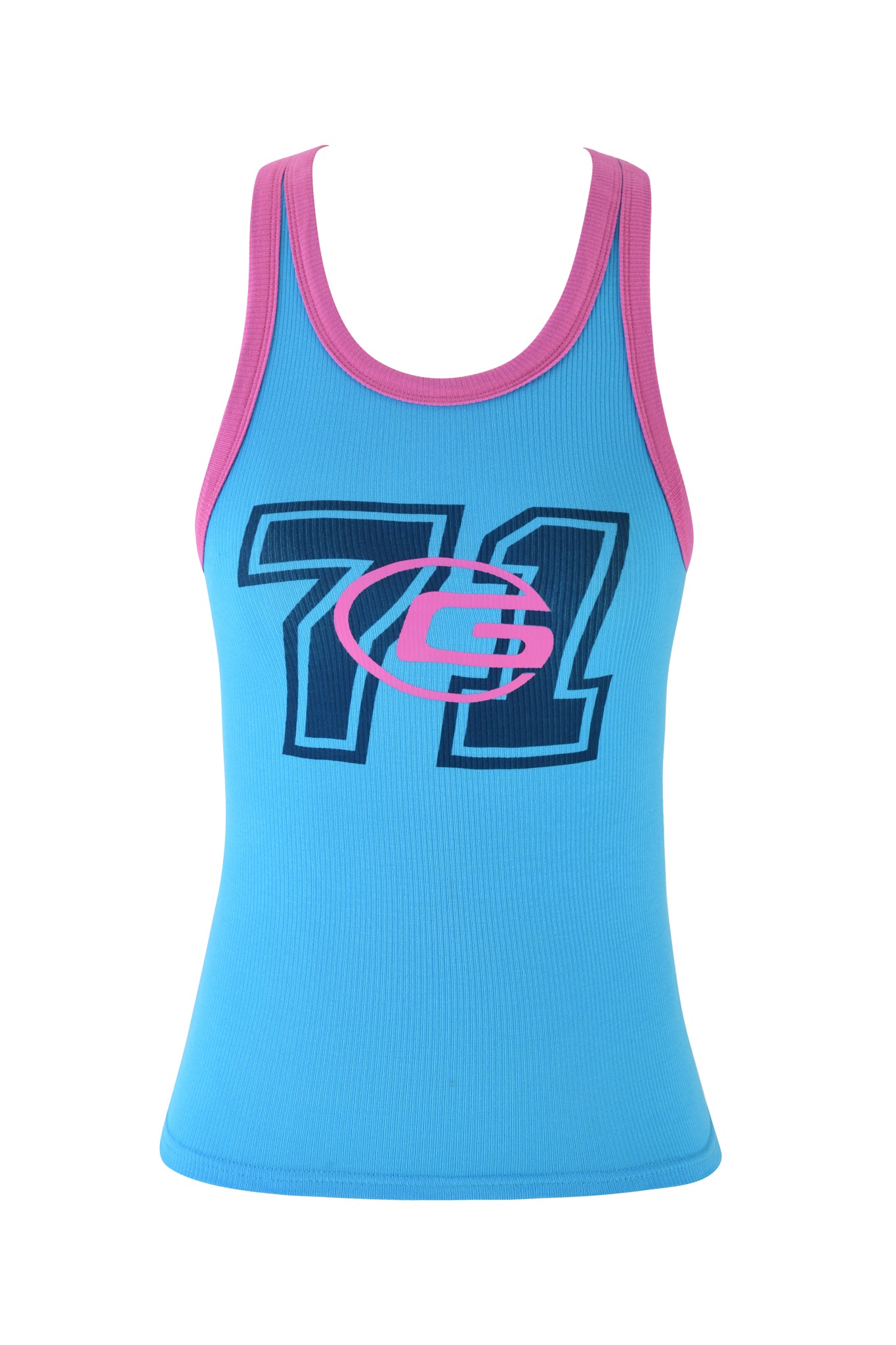 The PENELOPE TANK - BLUE from I.AM.GIA features a racer tank style crafted in soft ribbed fabric, accentuated by its sky blue color with pink trim. A sporty design is achieved with the overlapping number "71" and a pink stylized "e" against a crisp white background.
