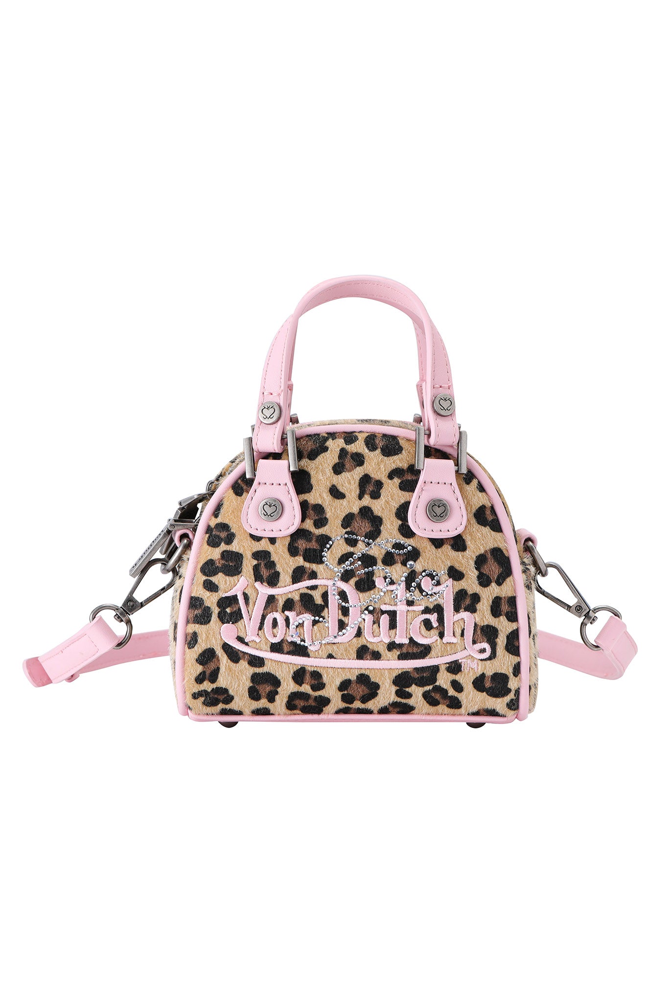 The I.AM.GIA X VON DUTCH MINI BOWLING BAG - LEOPARD features a dome shape, leopard print, pink leather handles and trim, white Von Dutch script, silver hardware, and a detachable pink strap—ideal for I.AM.GIA fans.
