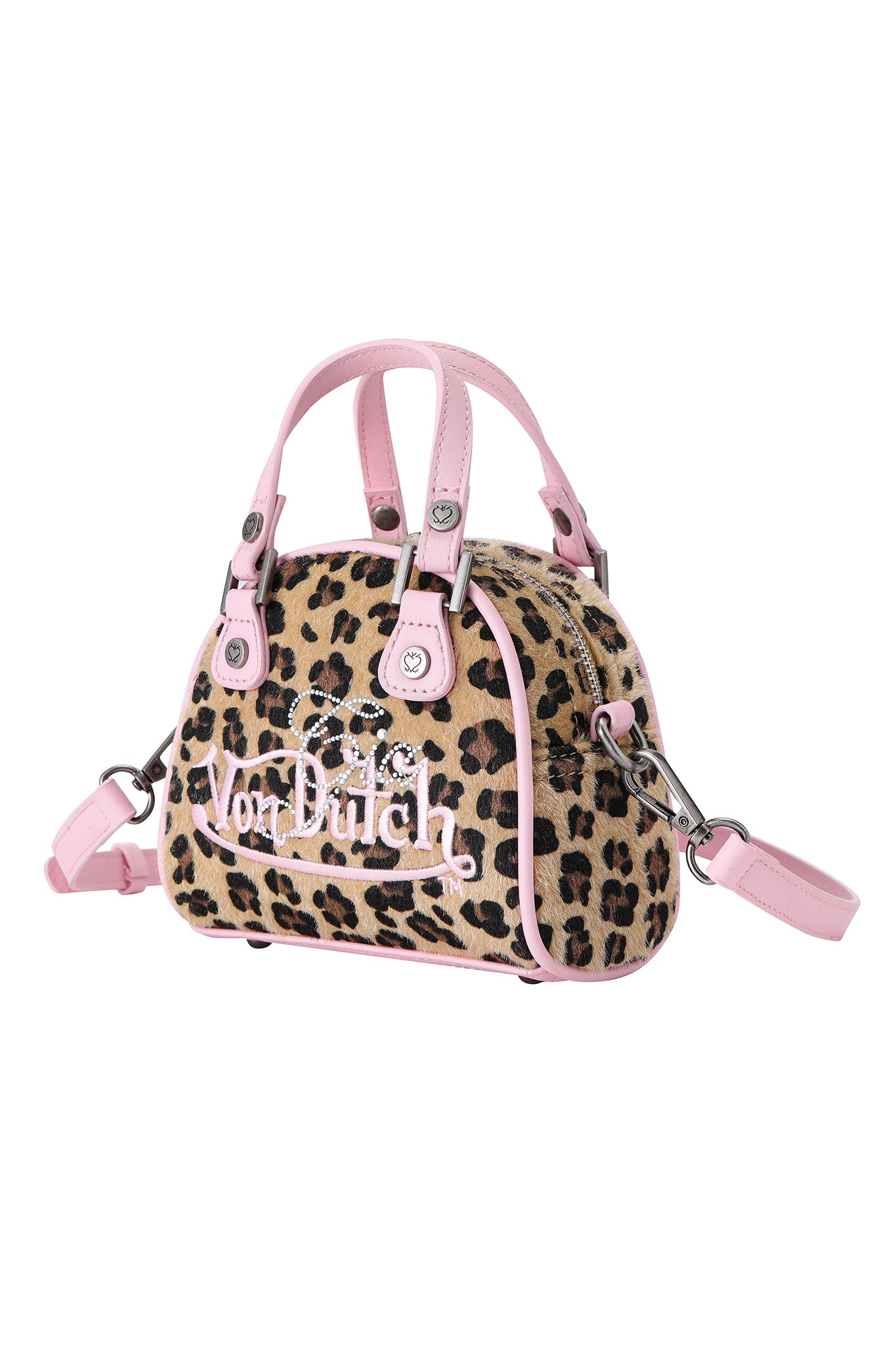 The I.AM.GIA X VON DUTCH MINI BOWLING BAG - LEOPARD features a leopard print body, pink leather handles and trim, white "Von Dutch" embroidery, metal hardware, and a detachable pink strap—a bold statement bag from I.AM.GIA.
