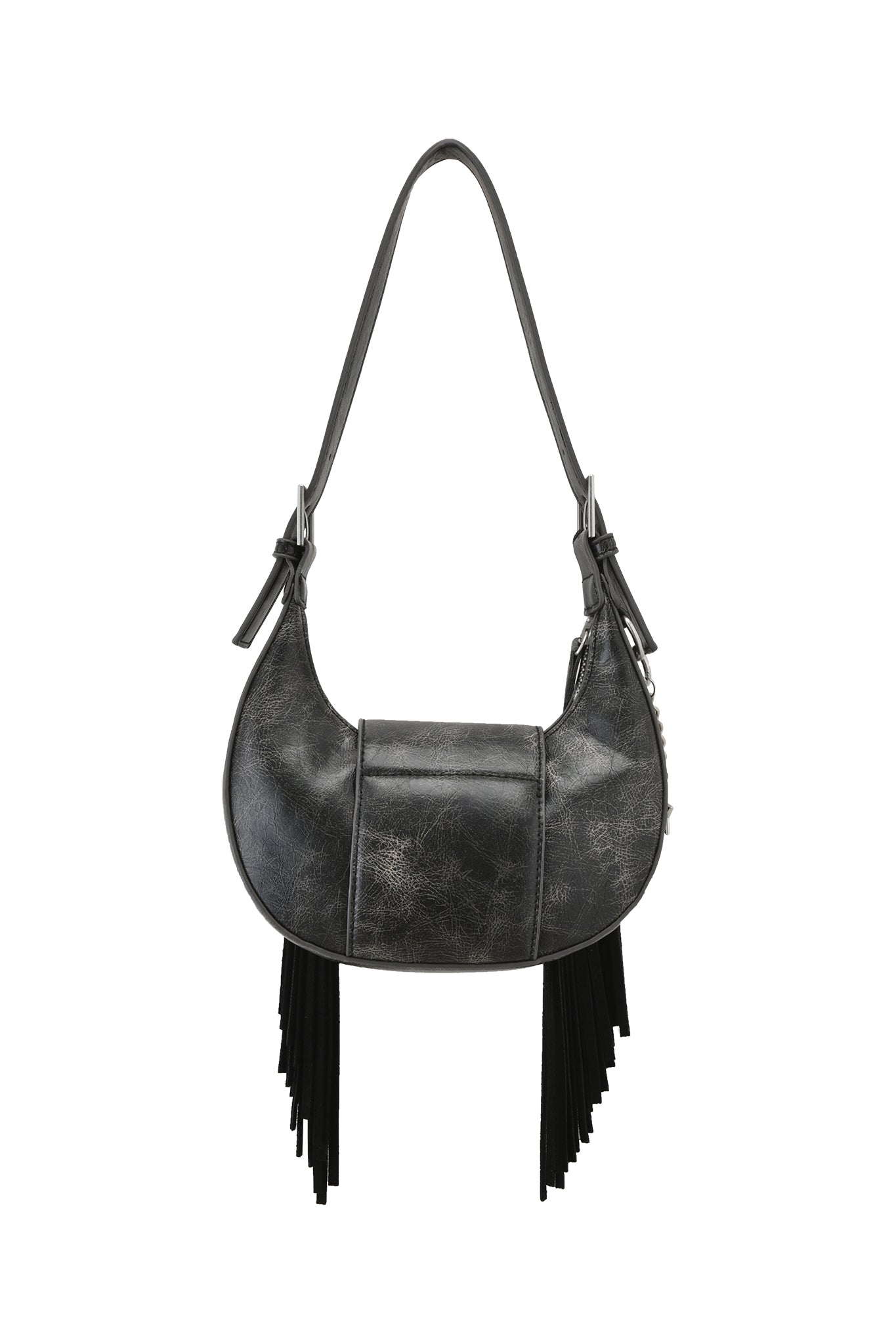 The TIA BAG - BLACK FRINGE by I.AM.GIA is a black faux leather crescent-shaped shoulder bag with an adjustable strap, long black fringe, and a textured vintage-inspired finish.