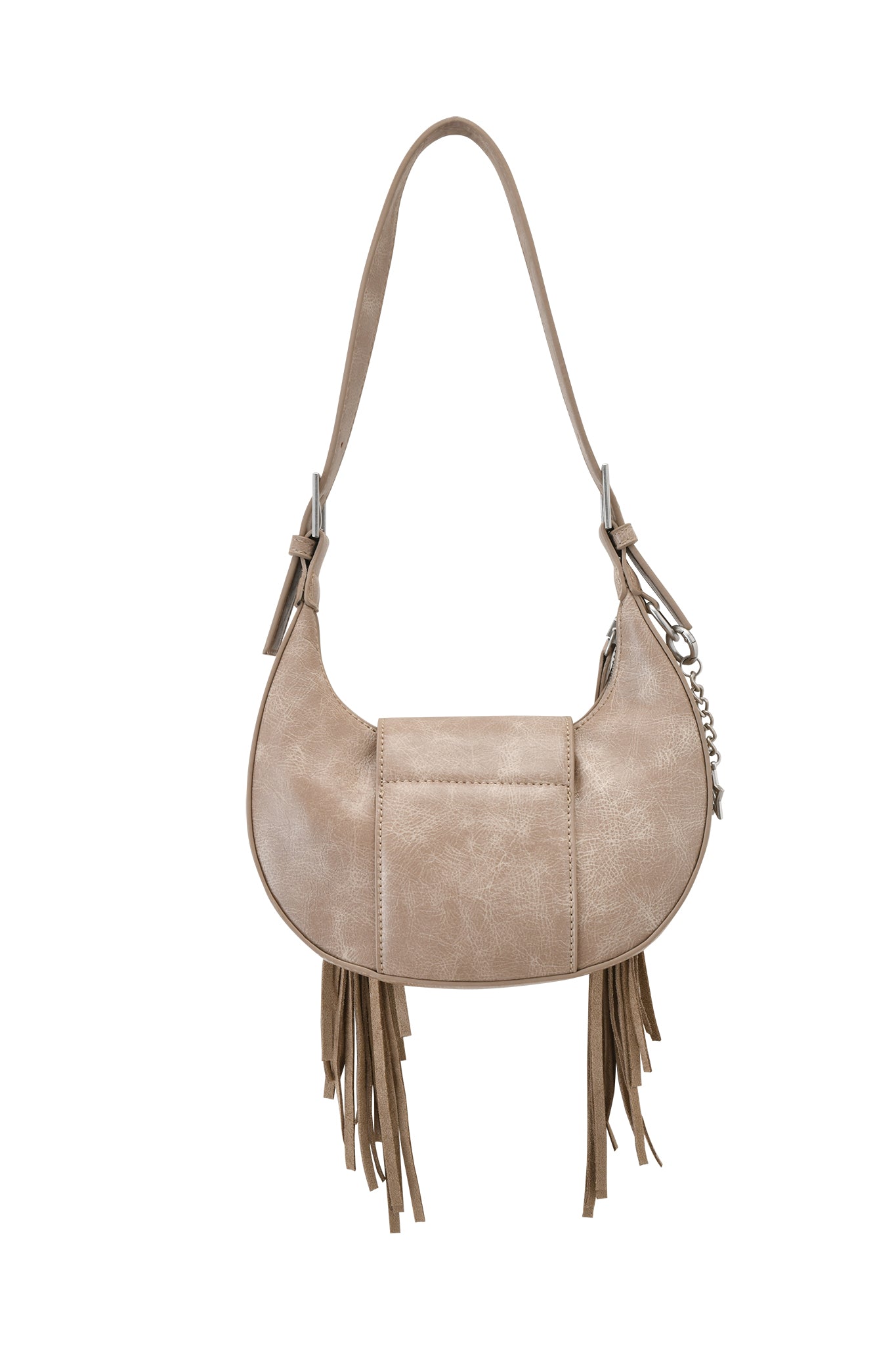 The TIA BAG - TAN FRINGE by I.AM.GIA is a crescent-shaped, faux leather shoulder purse in beige with a front pocket, fringe detail at the bottom, metal accents, and a chain trim on one side.