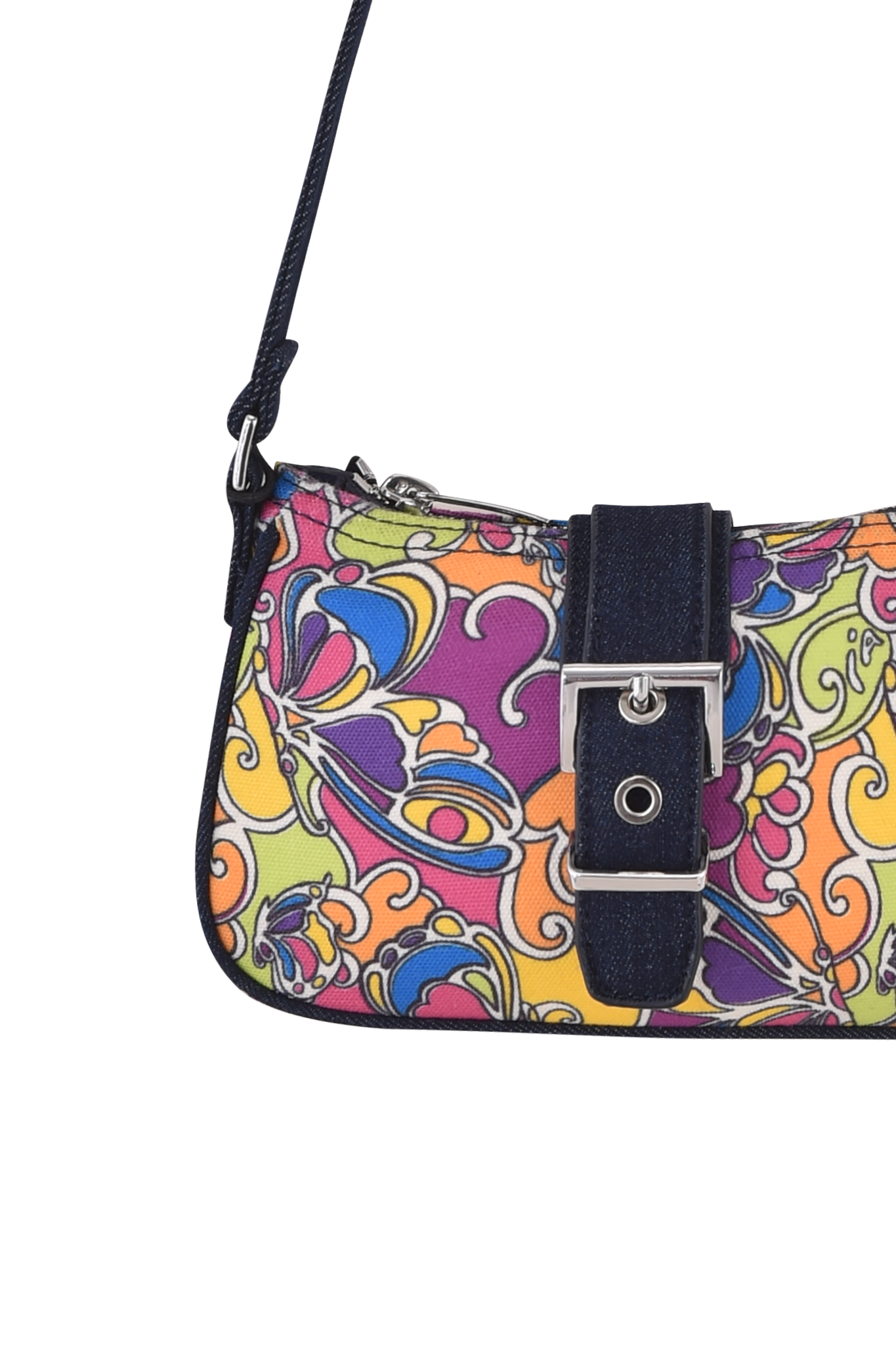The LILLIA BAG - TROPICAL BUTTERFLY BLOOM by I.AM.GIA features a vibrant floral pattern with a dark denim strap and a bold denim buckle accent.