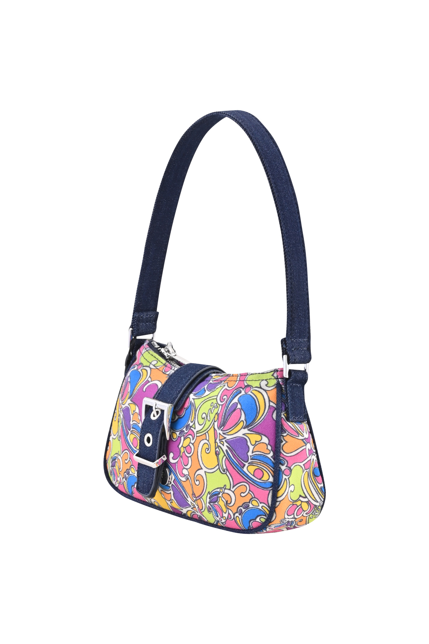 The I.AM.GIA LILLIA BAG - TROPICAL BUTTERFLY BLOOM features a psychedelic pink, yellow, blue, and purple pattern with navy blue straps and a matching belt buckle closure—a unique, exclusive accessory.