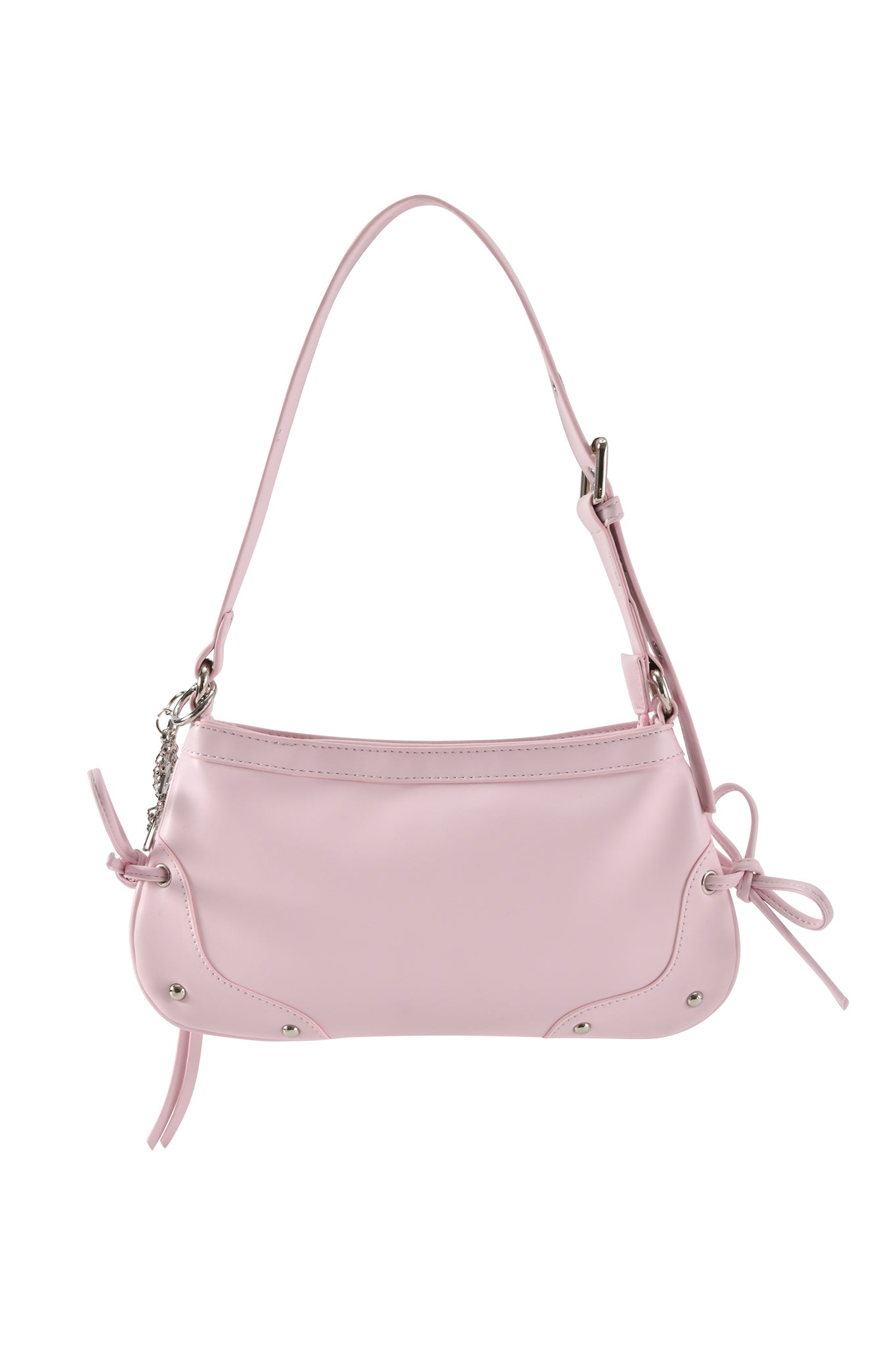 The HAYLEY BAG - BABY PINK by I.AM.GIA is a minimalist faux leather shoulder purse in light baby pink, featuring a single adjustable strap, silver hardware, and cute bow accents at both corners. Smooth texture completes the chic look.
