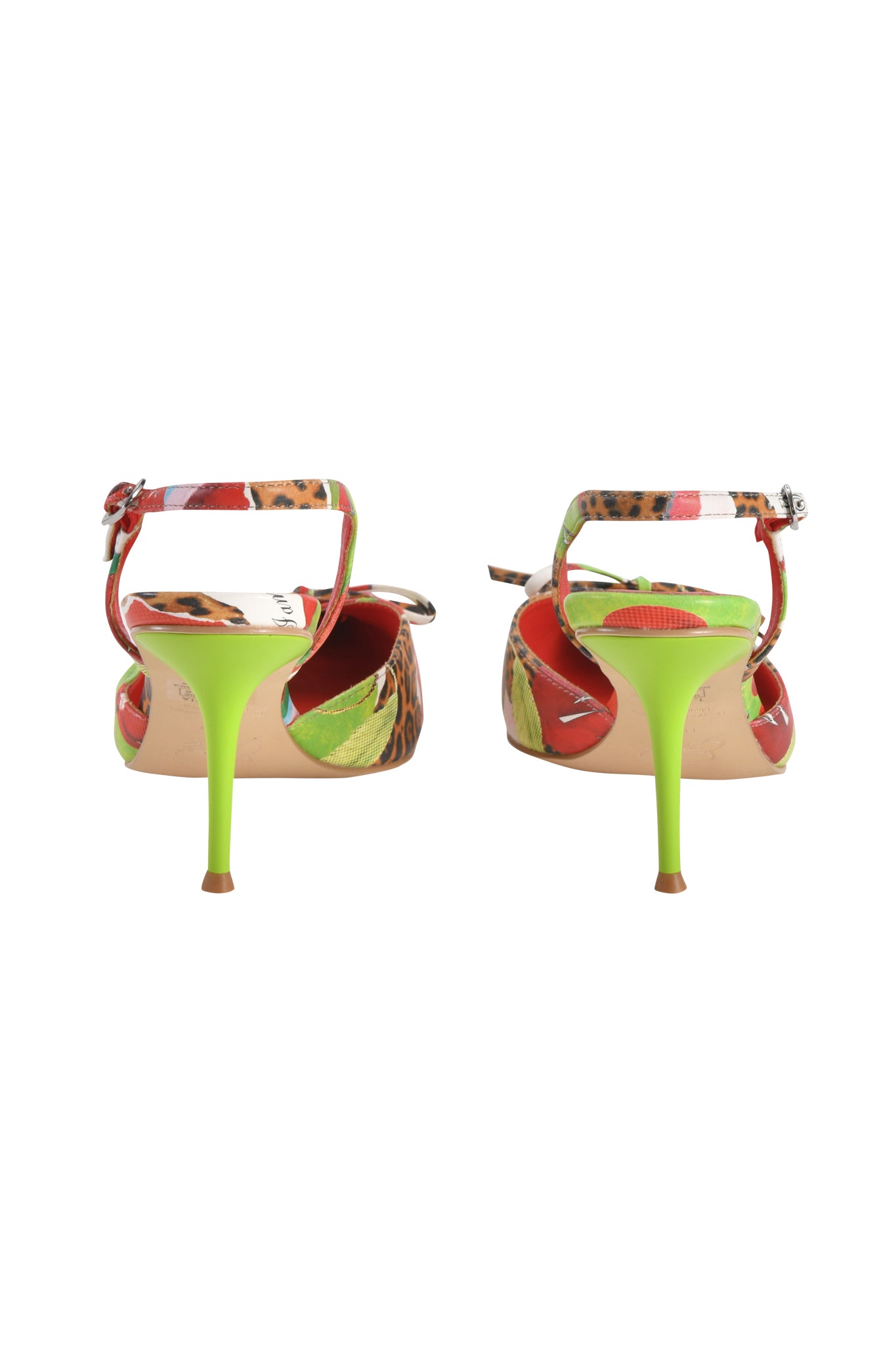 Back view of the I.AM.GIA NOORI MULE - WILD CHERRY: high heel sandals in faux leather with ankle straps, featuring a vibrant wild cherry print, red and green accents, animal pattern details, and neon green stiletto heels.