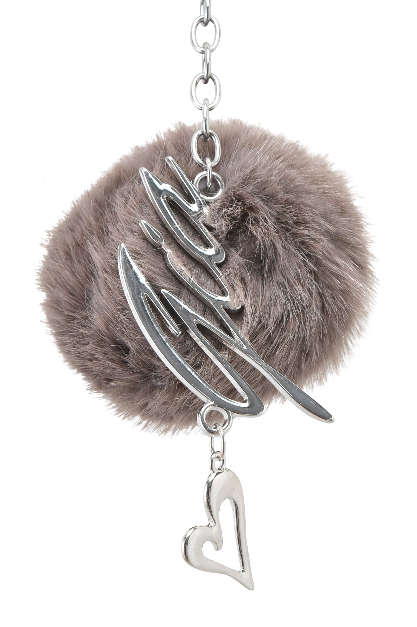 The LARSA KEYCHAIN - MOCHA by I.AM.GIA features a fluffy mocha pom-pom, a silver script charm, and a dangling silver heart charm, all connected by a chic chain.