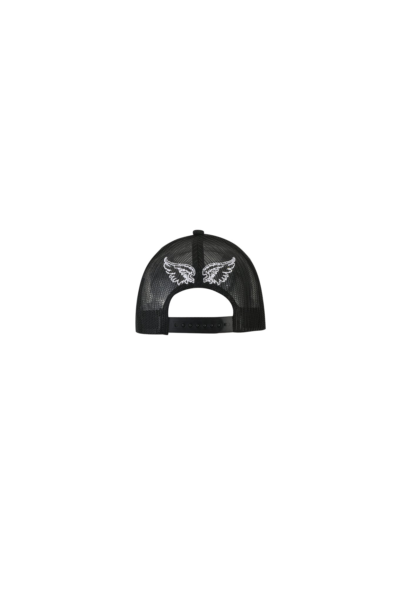The KIMANI CAP - BLACK by I.AM.GIA showcases white embroidered angel wings on the mesh panel when viewed from the back. This black baseball cap includes an I.AM.GIA label for a stylish touch and has a snapback closure for adjustable sizing.