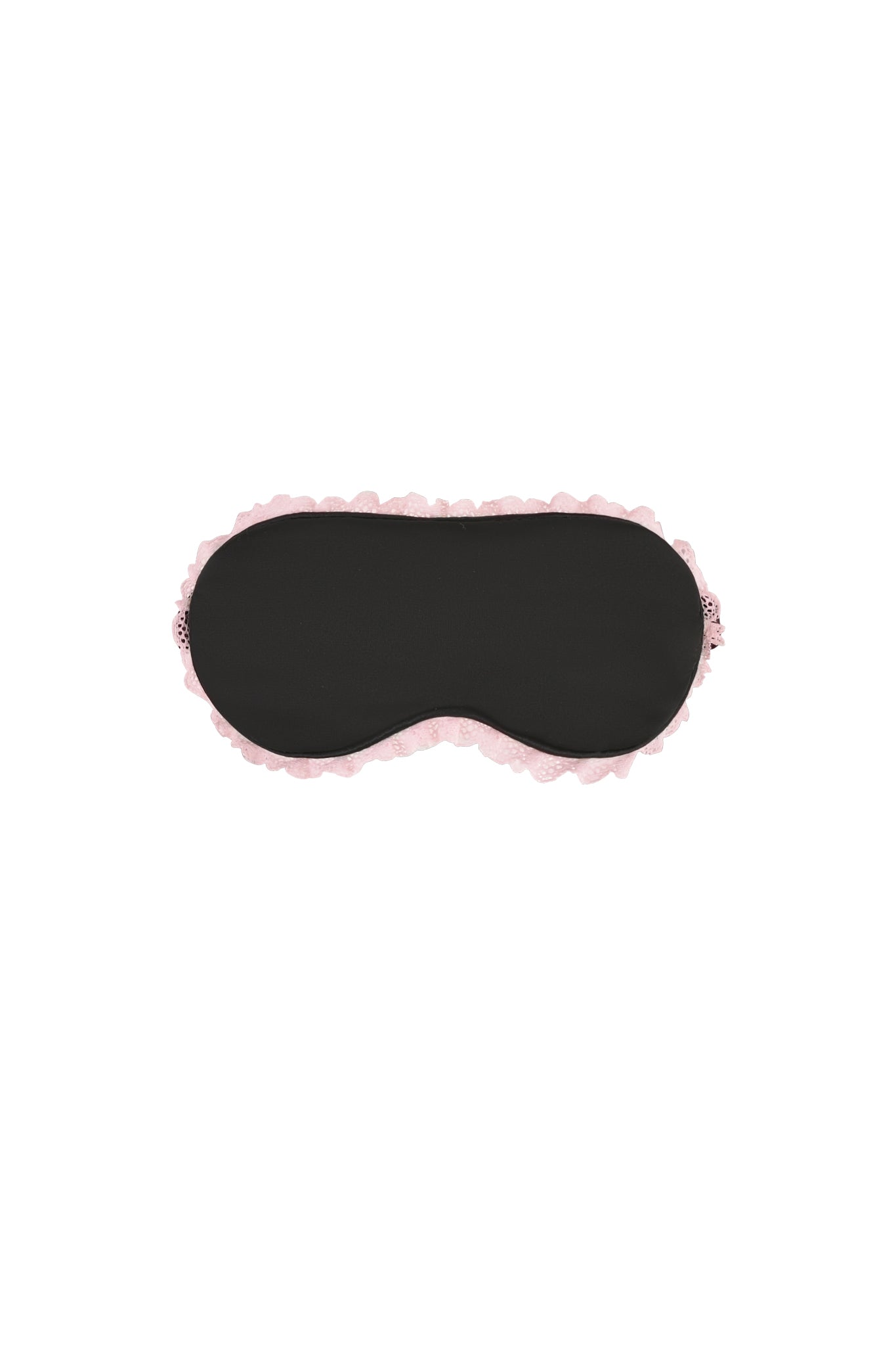 The MARILYN EYE MASK - BLACK by I.AM.GIA, featuring a pink lace trim and crafted from luxurious satin, is designed to effectively block out light for enhanced rest. Its elegant design stands out beautifully against a crisp white background.