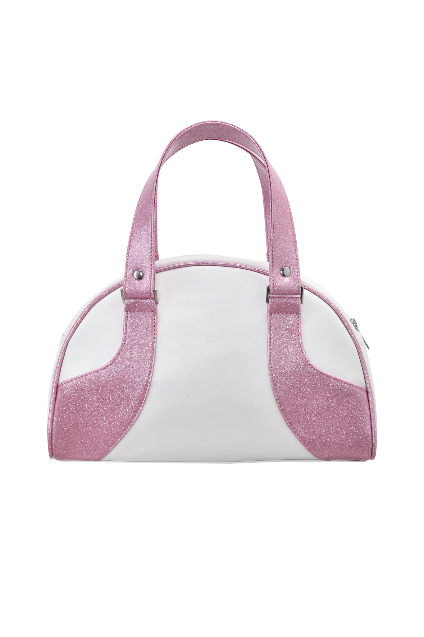 The I.AM.GIA FAFI BAG - PINK is a white vinyl bowling bag featuring sparkly pink handles and pink side panels, showcased against a plain light pink background.