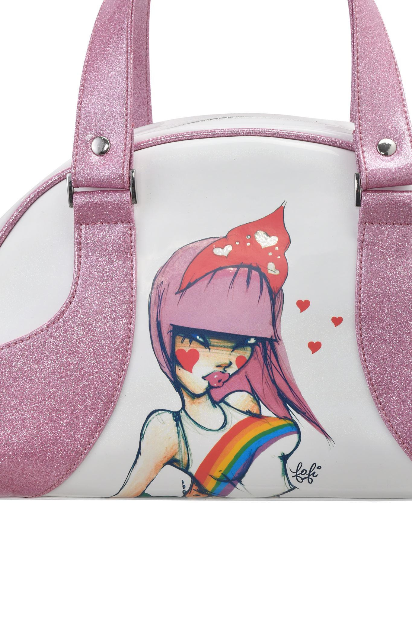The FAFI BAG - PINK by I.AM.GIA is a white vinyl bowling bag with pink glitter handles, featuring artwork of a pink-haired girl in a rainbow shirt with heart-themed accents—a playful exclusive from the I.AM.GIA x FAFI collab.