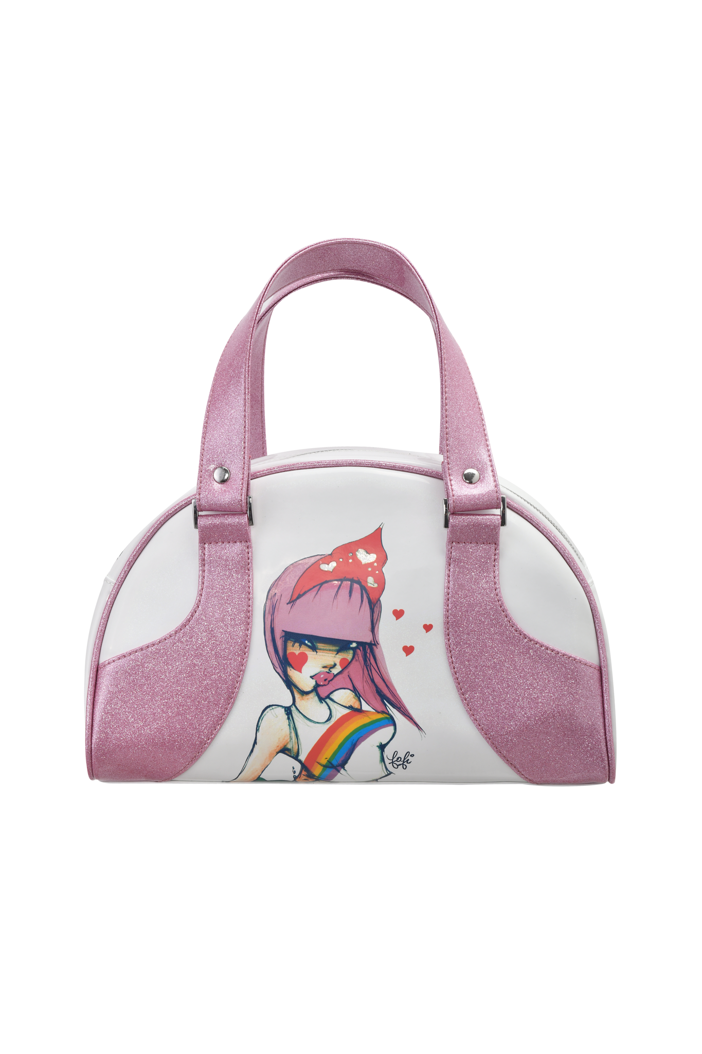 The FAFI BAG - PINK by I.AM.GIA is a vinyl bowling bag with pink glittery handles and trim, featuring a girl with purple hair, red bow, rainbow, and hearts on a white background—an exclusive design.