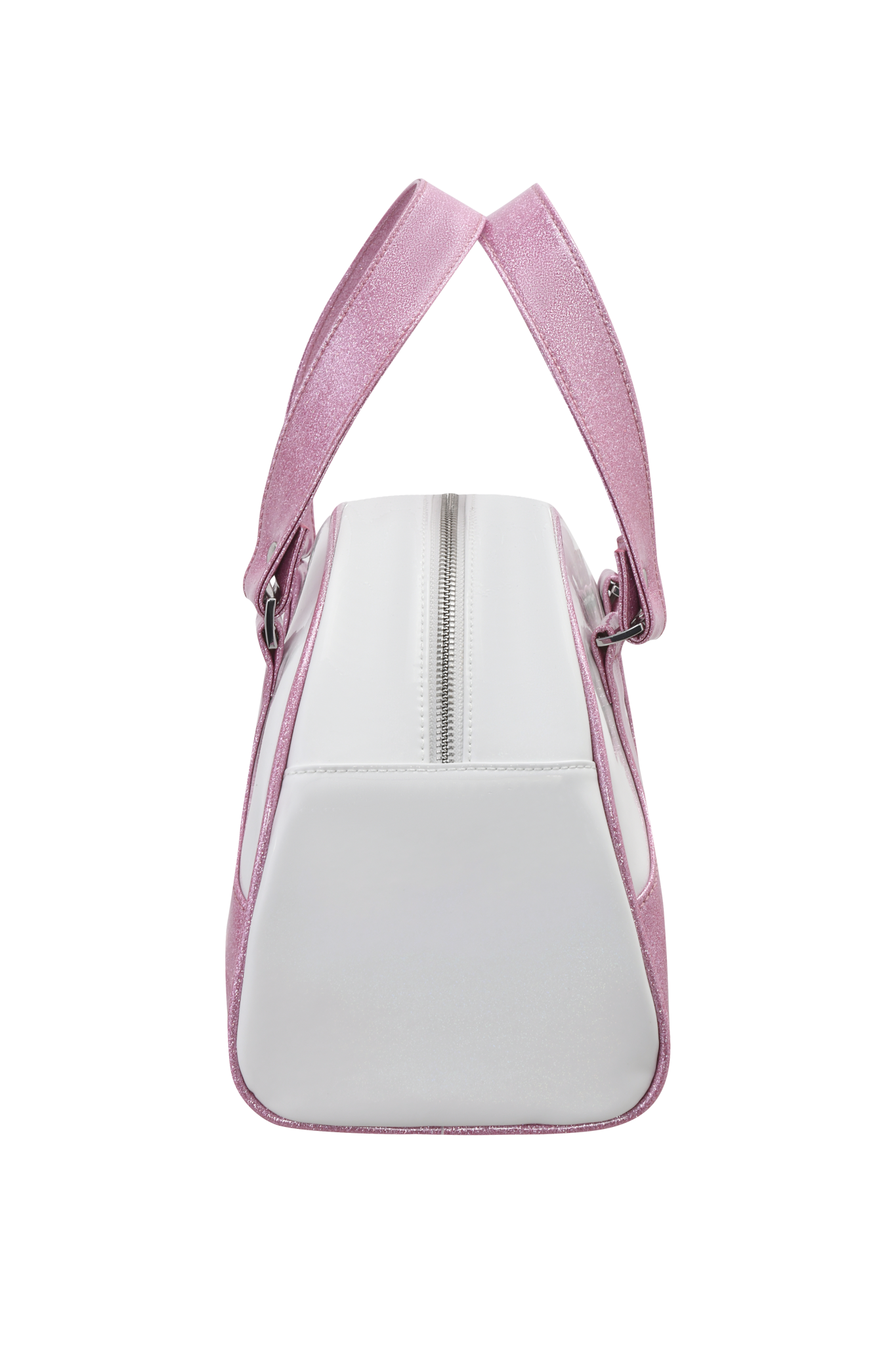 A side view of the I.AM.GIA FAFI BAG - PINK, a white vinyl bowling bag with pink handles, trim, and zipper closure. The background and handles feature a matching pink gradient in this exclusive design.