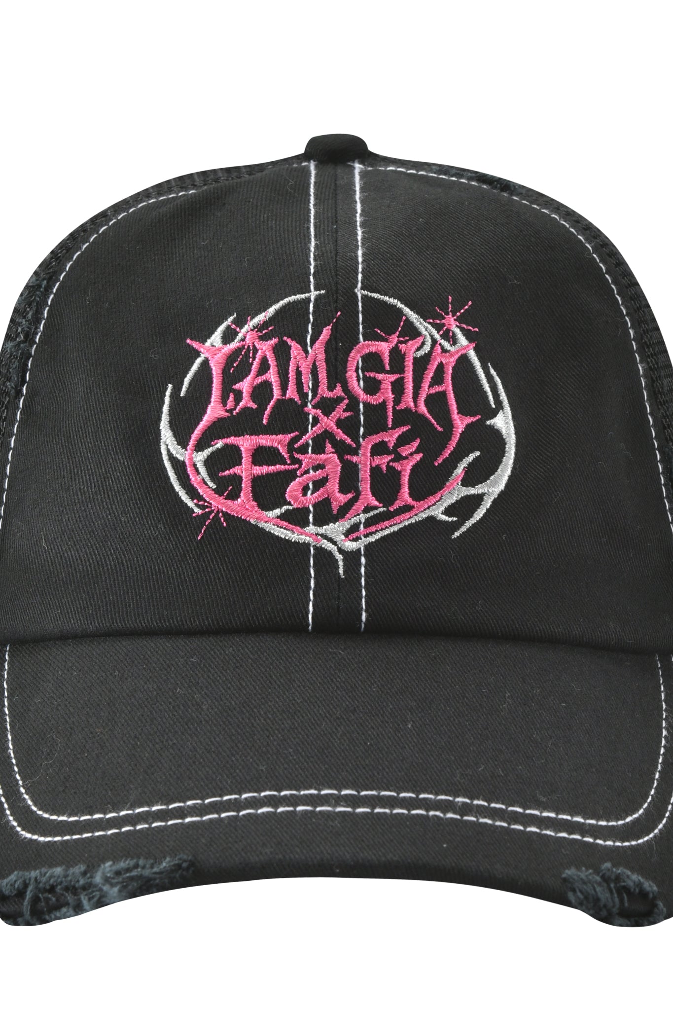 The FAFI HAT - BLACK by I.AM.GIA is a distressed black trucker hat with white stitching, frayed edges, and an embroidered IAMGIA x FAFI logo in pink and white gothic lettering on the front.