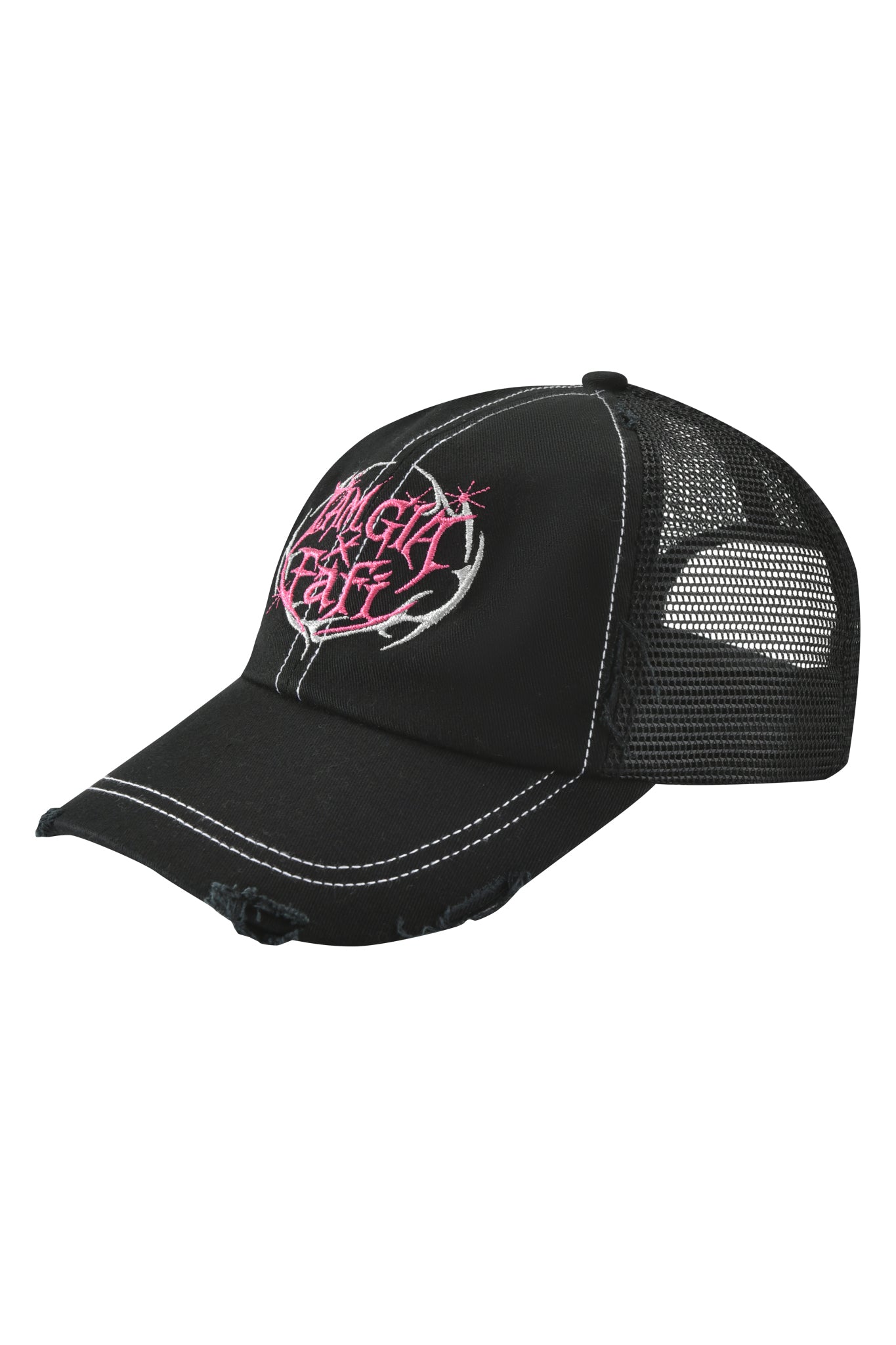 The FAFI HAT - BLACK by I.AM.GIA is a distressed black trucker hat with white stitching, pink graffiti-style text, an embroidered front logo, a curved bill, and mesh back panels for ventilation.