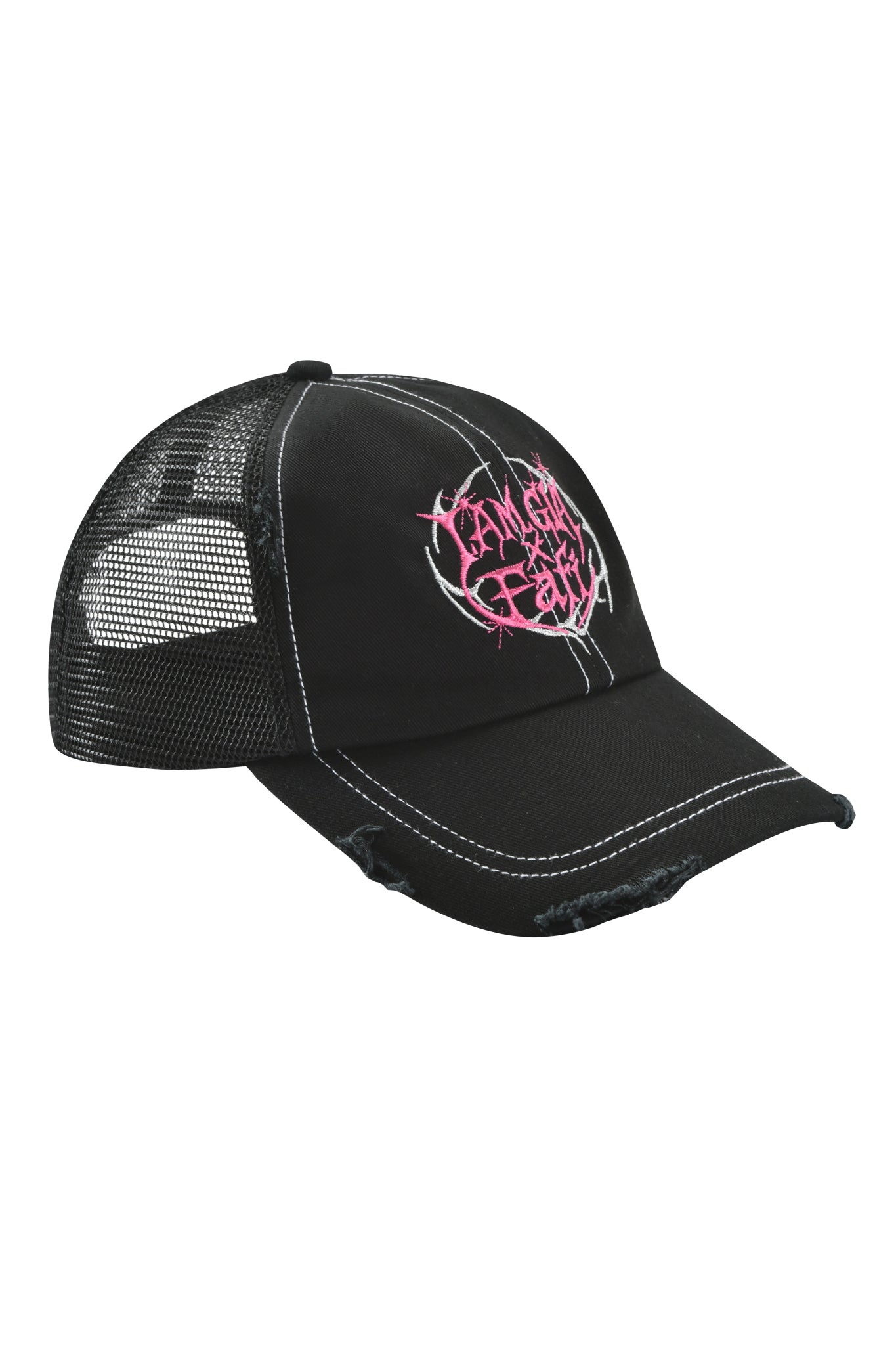 The FAFI HAT - BLACK by I.AM.GIA is a distressed black trucker hat with white stitching, mesh sides, and a pink and white graffiti heart embroidered on the front. The brim features subtle fraying at the edge.