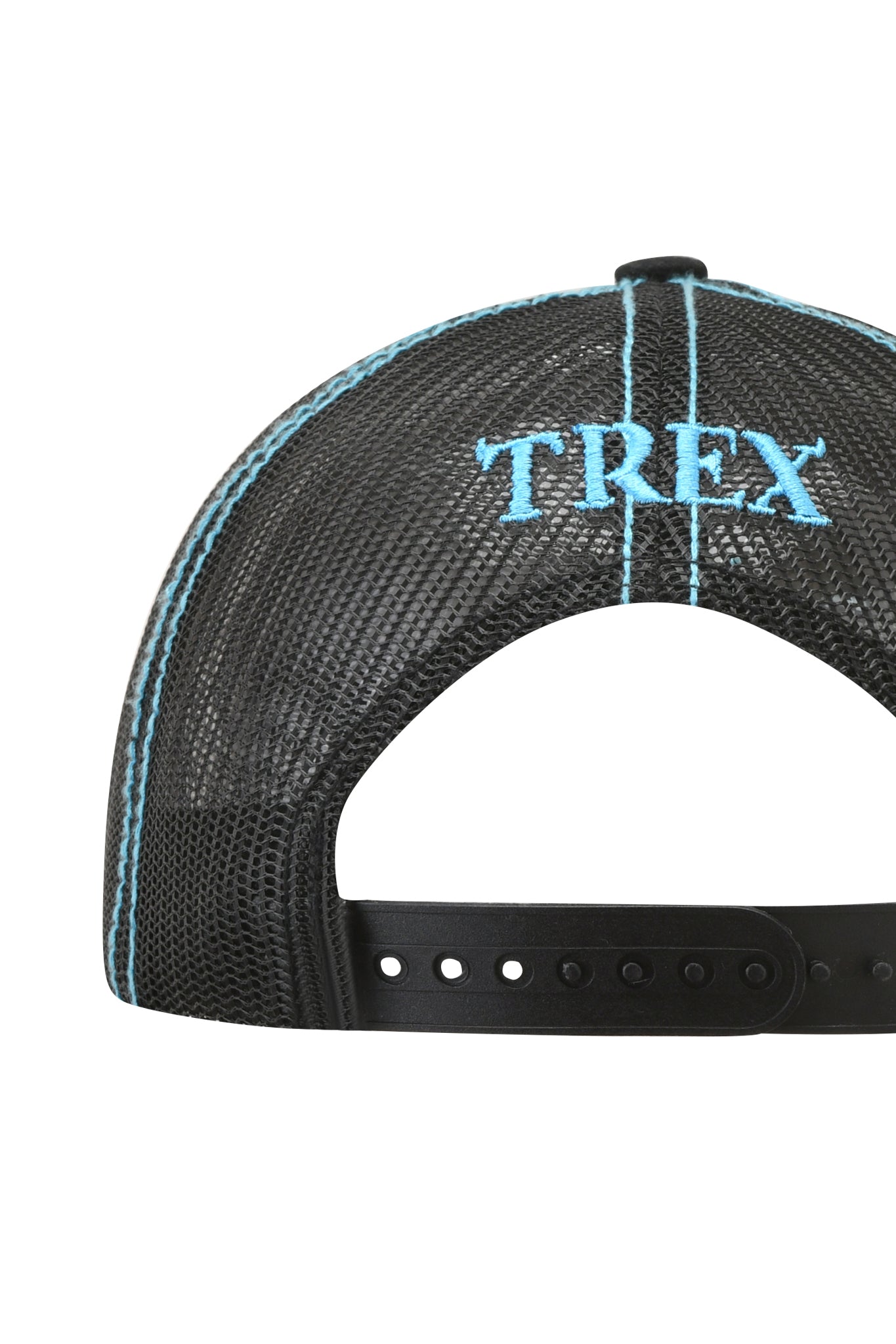 Close-up of the back of the I.AM.GIA T-REX HAT - BLACK, featuring distressed black fabric with light blue stitching and “TREX” embroidered in blue above the adjustable snap closure.