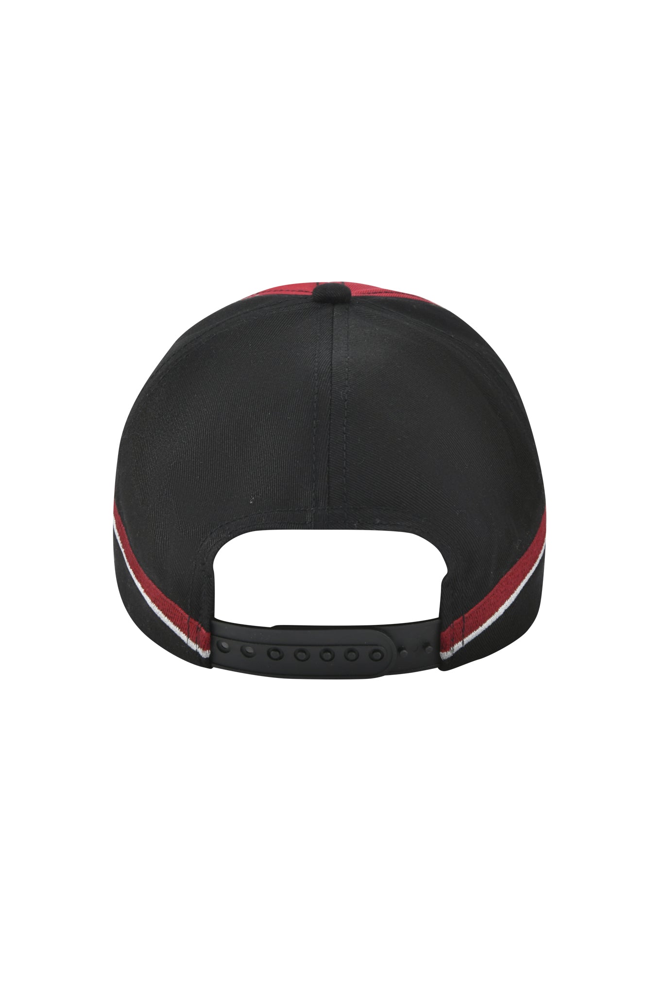Back view of the SERENA HAT - RED by I.AM.GIA, crafted from cotton twill with a snapback closure and accented by red and white side stripes.