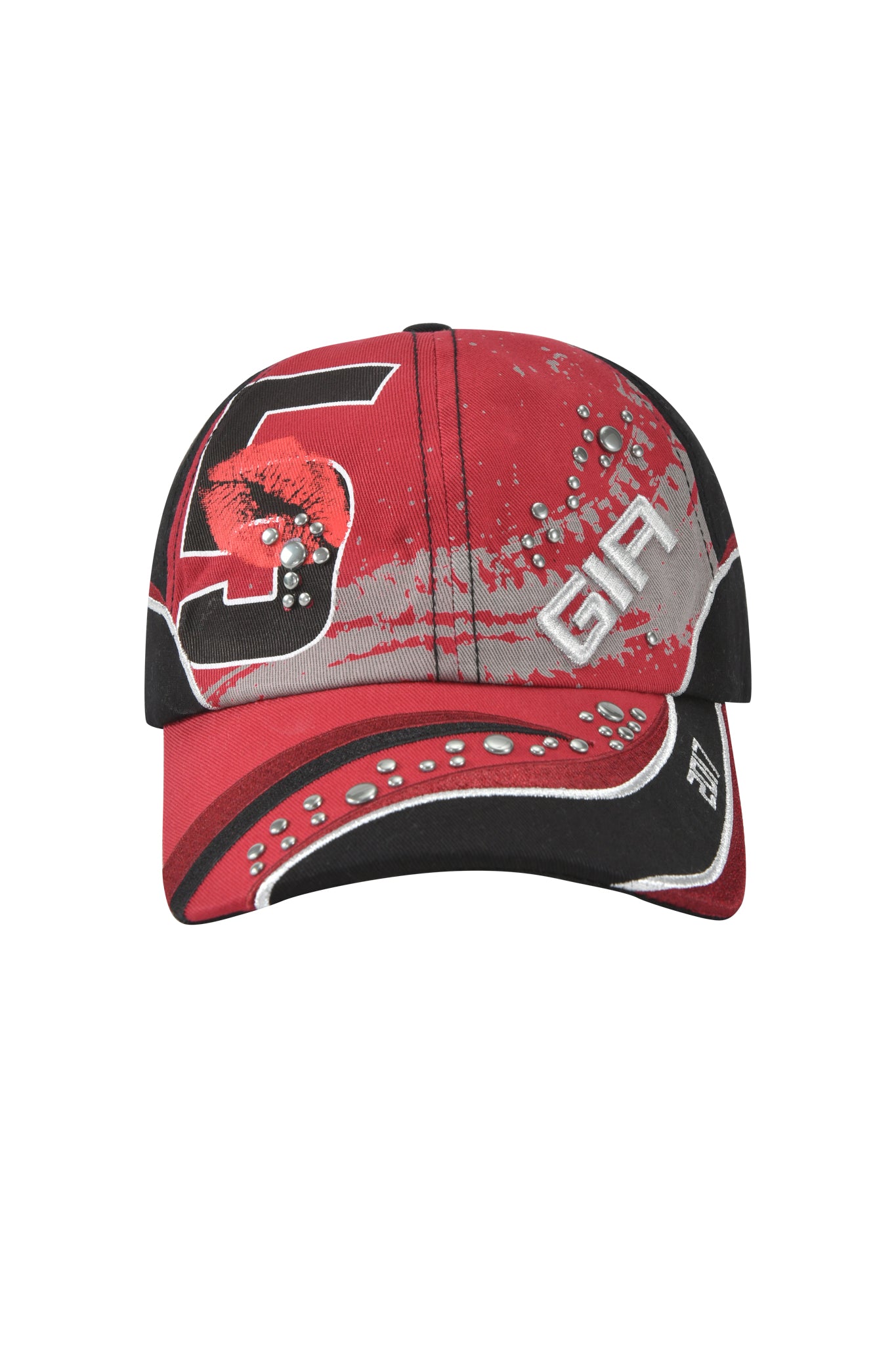 The SERENA HAT - RED by I.AM.GIA is a racing-inspired cap with black and gray accents, a bold "5," "G9" lettering, and white dotted patterns with curved lines on its twill-paneled front and brim.