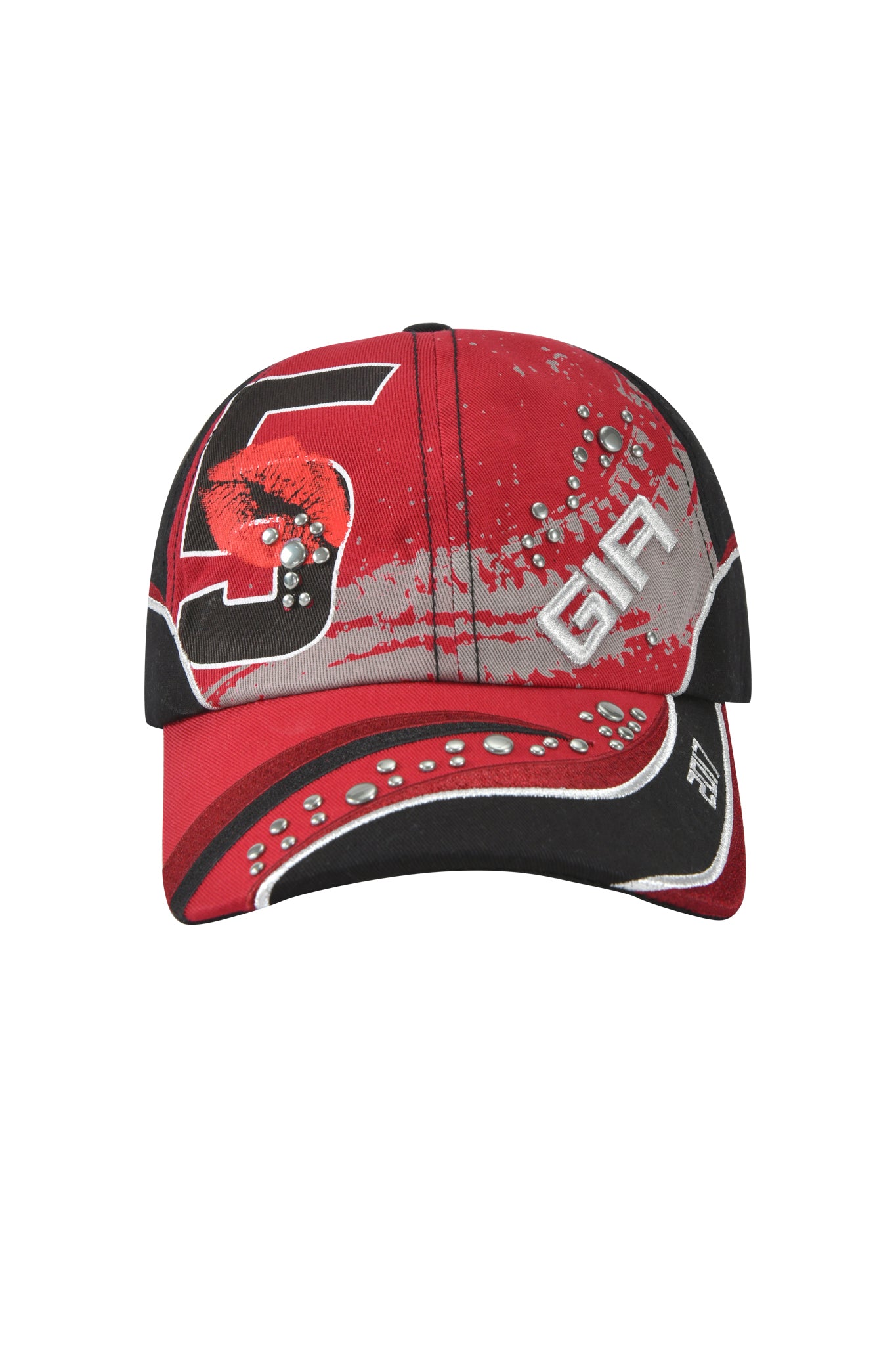 The SERENA HAT - RED by I.AM.GIA is a red and black cotton twill racing cap with a bold white and black "5" on the left, silver "G9" on the front, stud accents, decorative patterns, and an adjustable strap for a perfect fit.