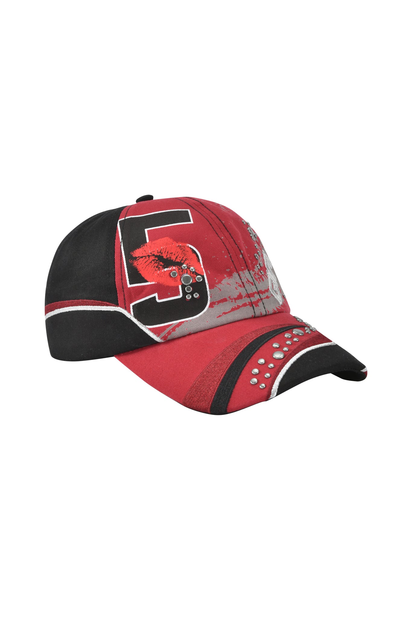 The I.AM.GIA SERENA HAT - RED is a red and black cotton twill racing cap with a bold number 5, decorative brim studs, abstract red and gray patterns, curved bill, contrast panels, and an adjustable strap back for comfort.