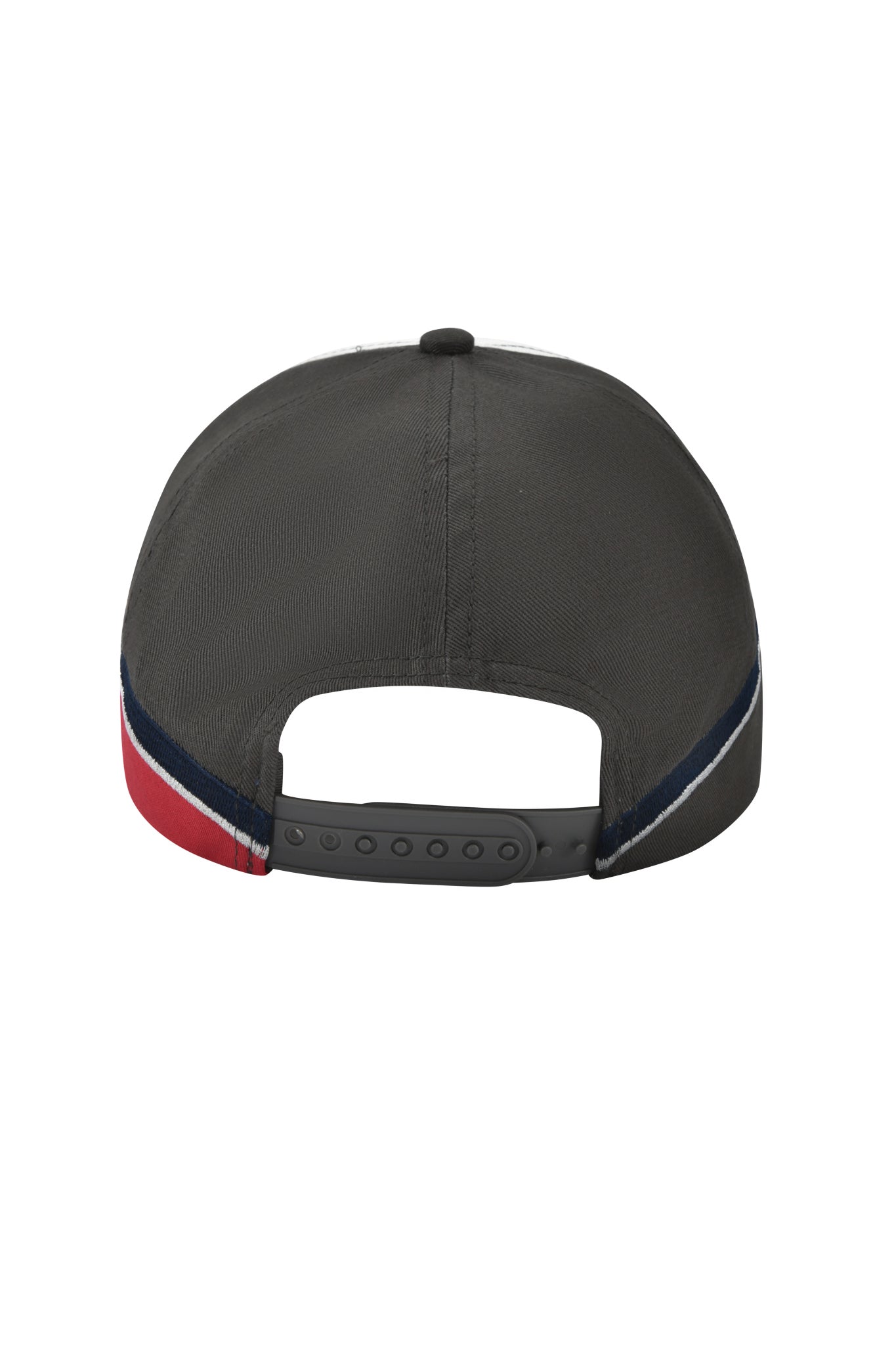 A white SERENA HAT by I.AM.GIA with a racing-inspired design, seen from the back, features an adjustable snapback closure and red, white, and blue diagonal stripes along the edge.