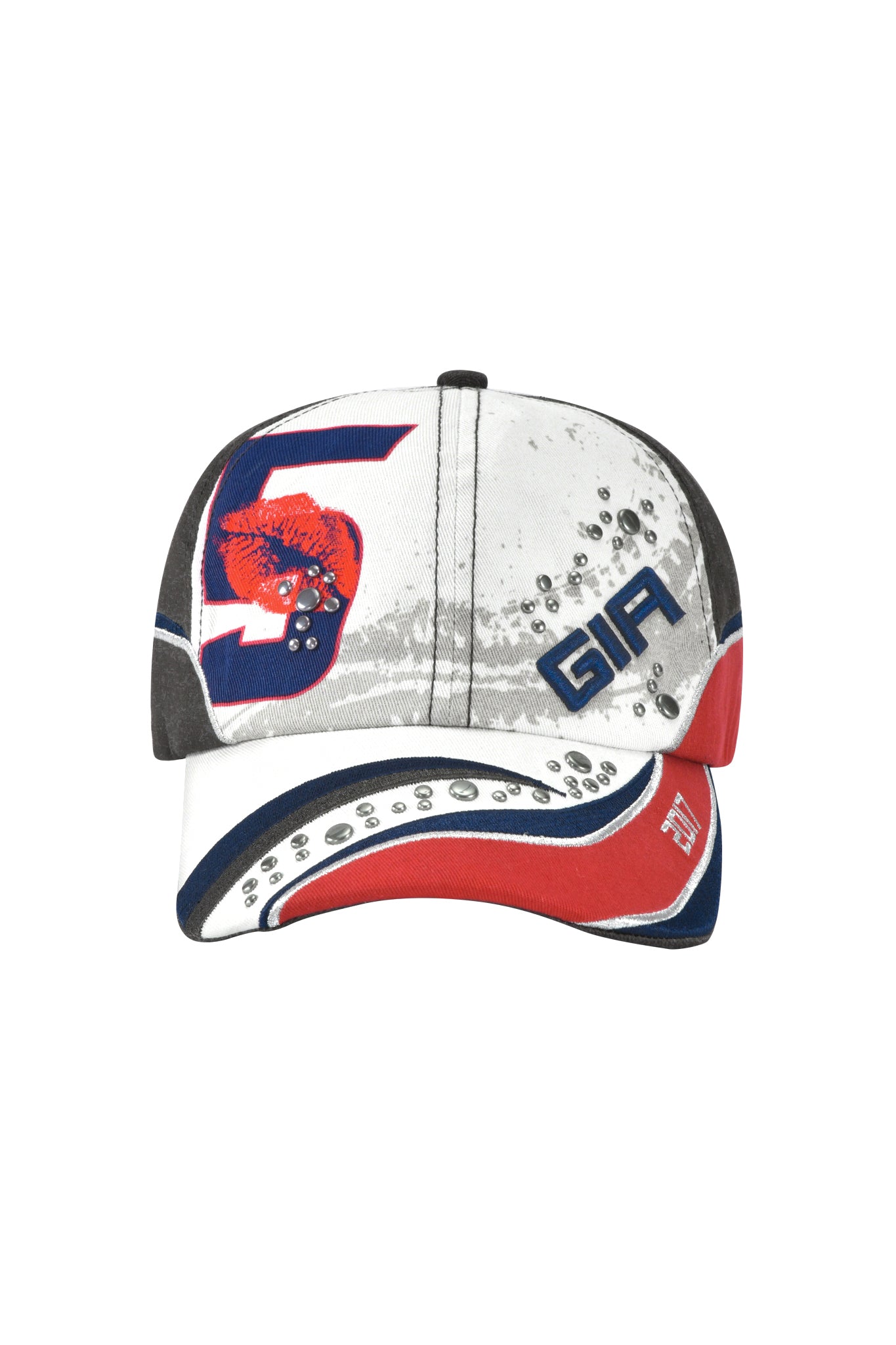 The SERENA HAT - WHITE by I.AM.GIA is a racing-inspired cotton twill cap in white, red, gray, and blue with a bold red and blue "5," "GIA" in blue, silver stud accents, abstract brim patterns, and an adjustable strap back for comfort.
