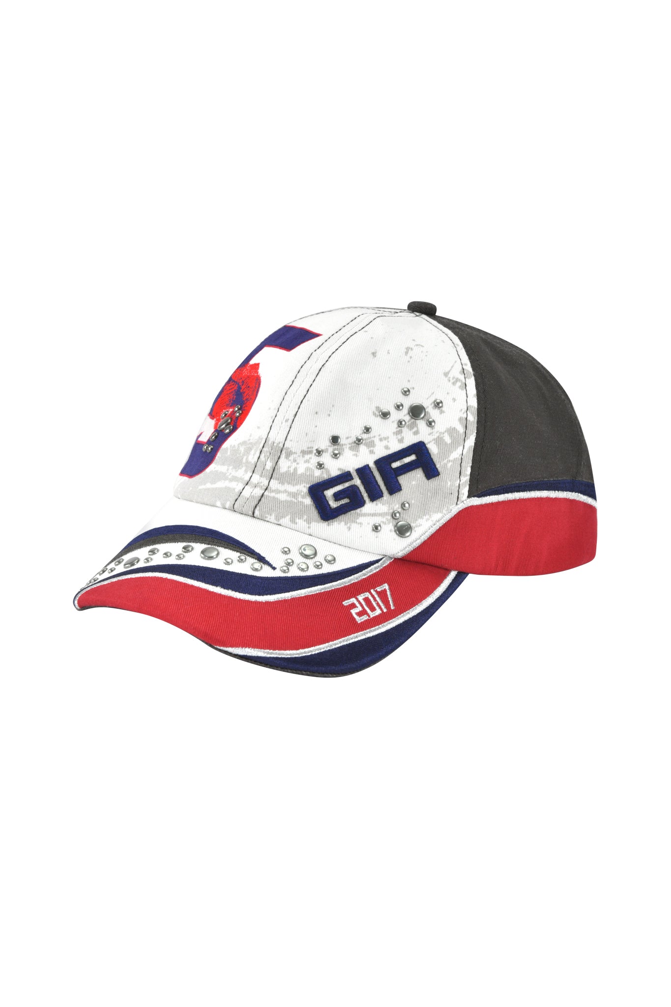 The SERENA HAT - WHITE by I.AM.GIA is a racing-inspired cotton twill cap with a white front, black back, red and navy accents, sequined "GIA" text, red dragon design, rhinestones, "2017" on the brim, and an adjustable strap.