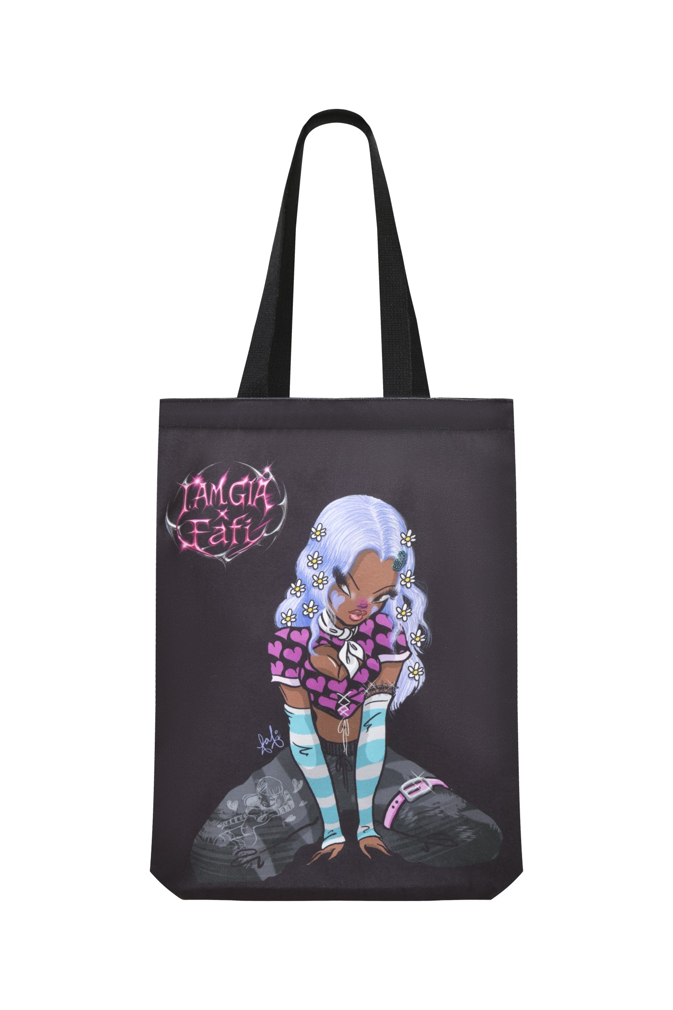 The I.AM.GIA FAFI TOTE BAG - BLACK showcases an exclusive illustrated character with light blue hair, pink and blue clothes, white flowers, and striped stockings kneeling by a rock with "FANGIRL FATALE" in pink graffiti.