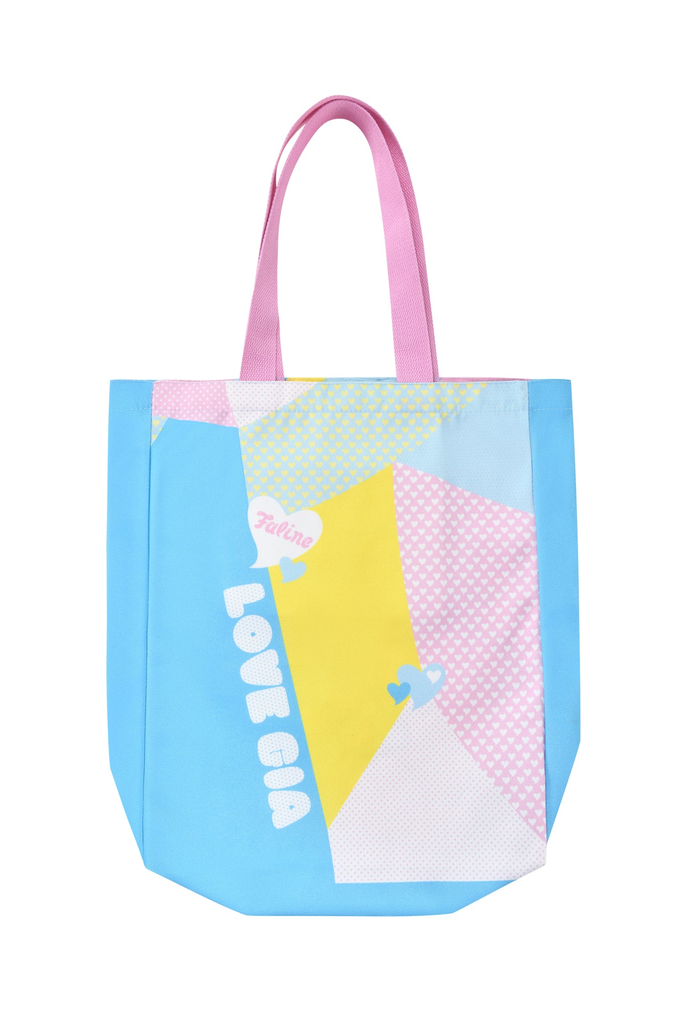 The FAFI TOTE BAG - MULTI by I.AM.GIA is a colorful tote with pink handles, featuring blue, yellow, and pastel geometric shapes, white polka dots, and "LOVE GIA" and "Falling" on the front.