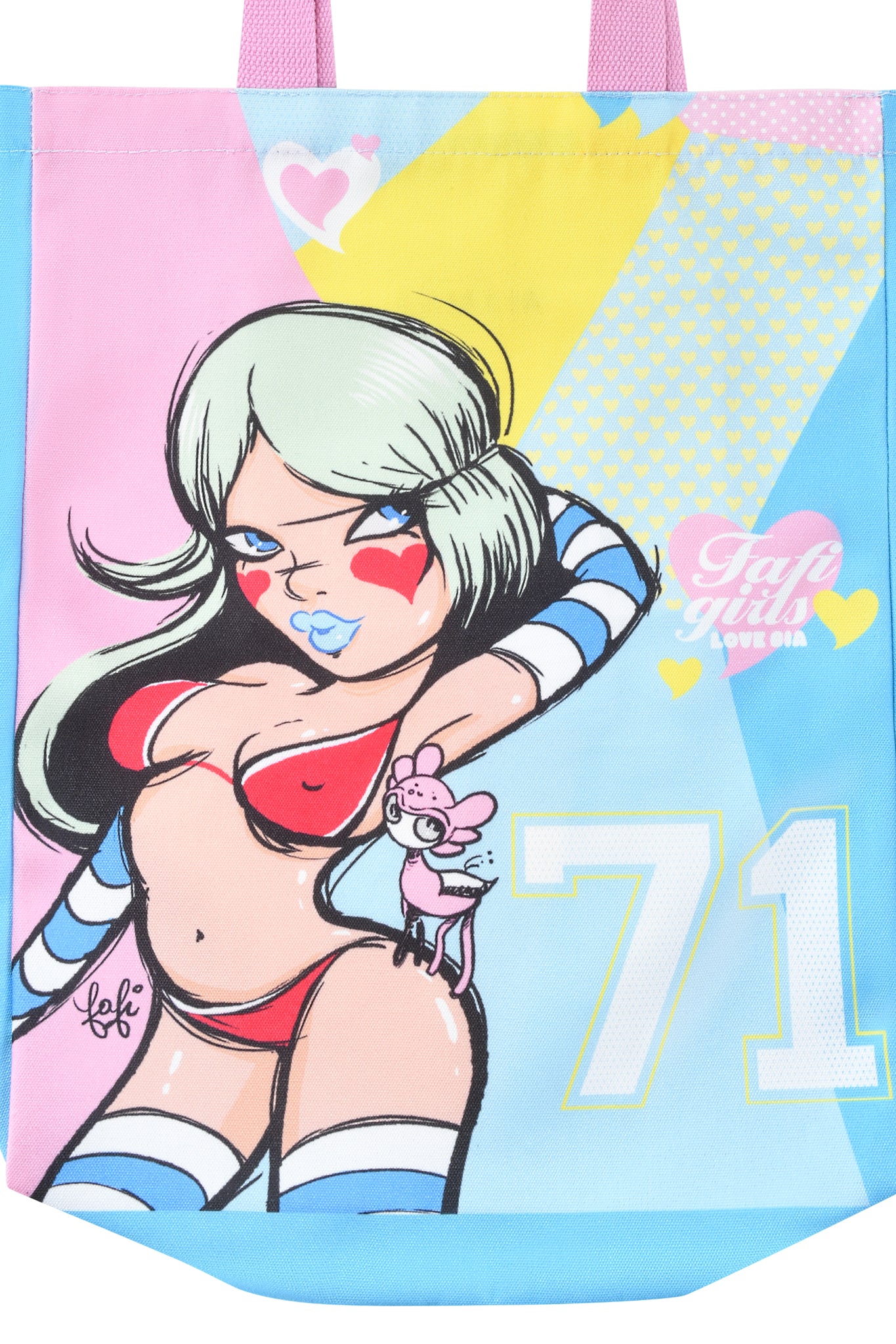 The FAFI TOTE BAG - MULTI by I.AM.GIA features a cartoon woman with pale skin, long light green hair, and a red bikini, plus heart face designs and a small pink animal against a pastel background with hearts and number 71.