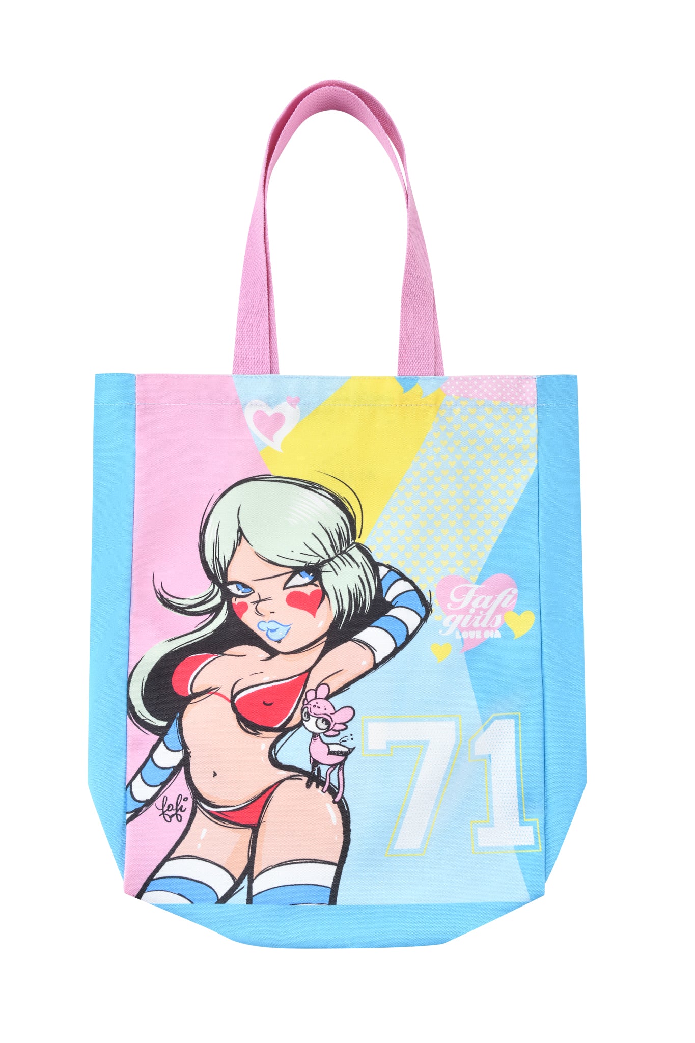 The FAFI TOTE BAG - MULTI by I.AM.GIA features Fafi's art of a cartoon woman in a red bikini with blue striped sleeves, pink handles, and vibrant pastel hues, plus "71" and "Girly Girl" text with hearts.