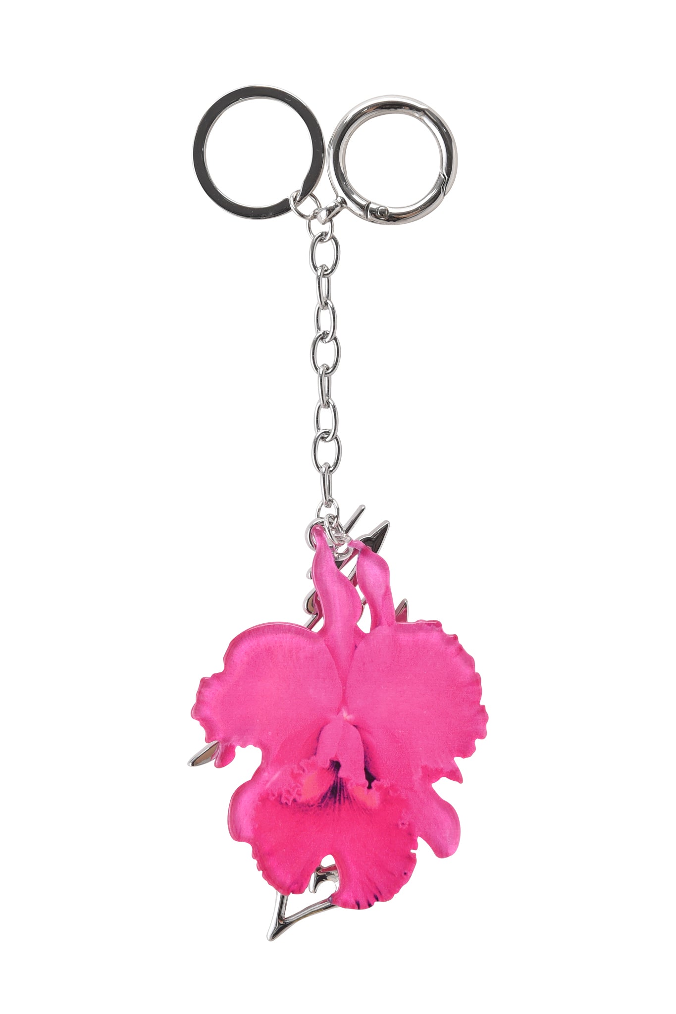 The ORCHID KEYCHAIN - NEON PINK by I.AM.GIA features a vibrant artificial orchid bloom, silver chain and rings, and is finished with a subtle GIA metal logo for a stylish decorative accent.
