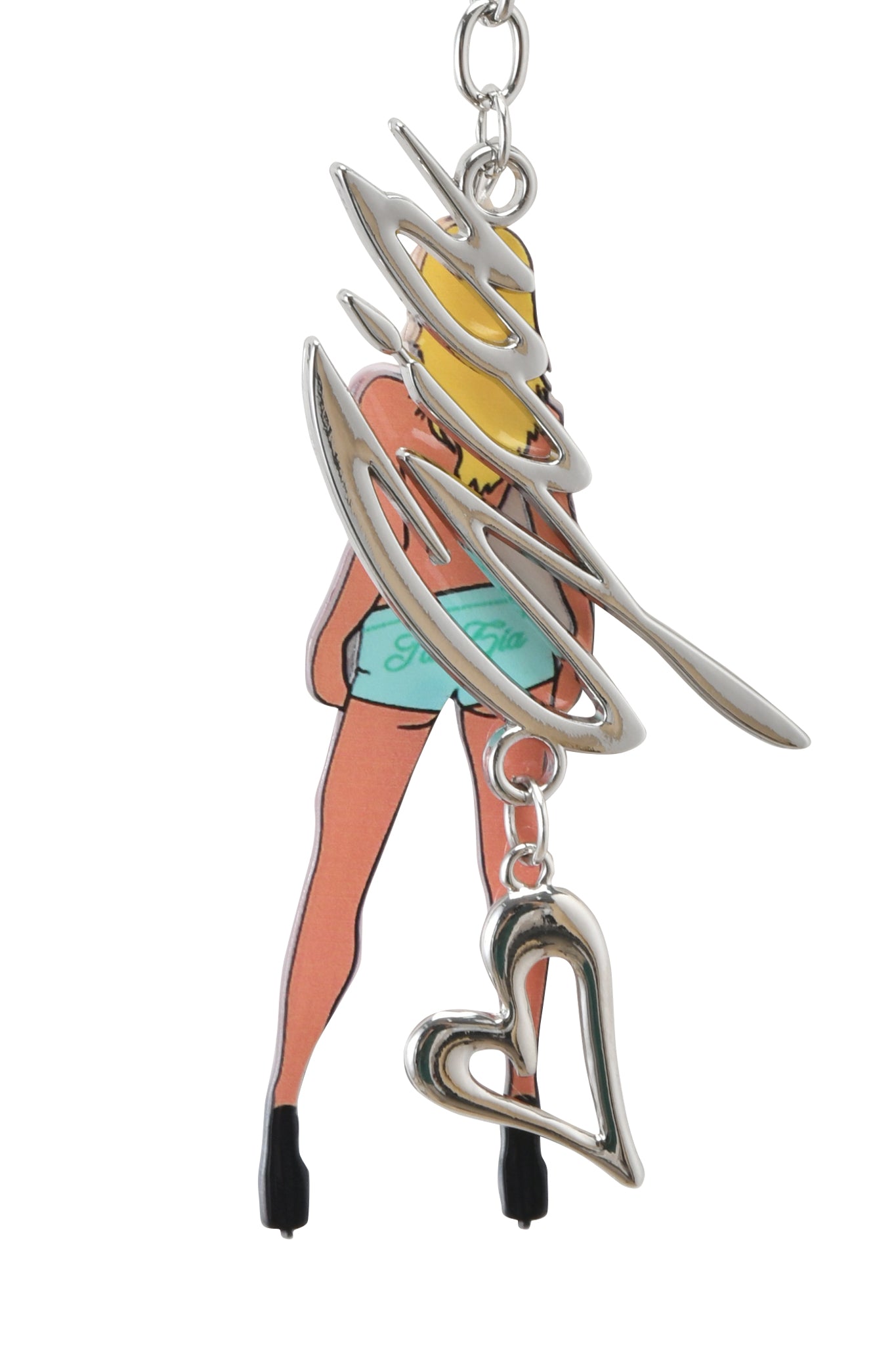 The BLARE KEYCHAIN - BLONDE by I.AM.GIA features a stylized blonde woman in turquoise, accented with swirling silver metal, custom o-ring hardware, and a hanging silver heart charm.