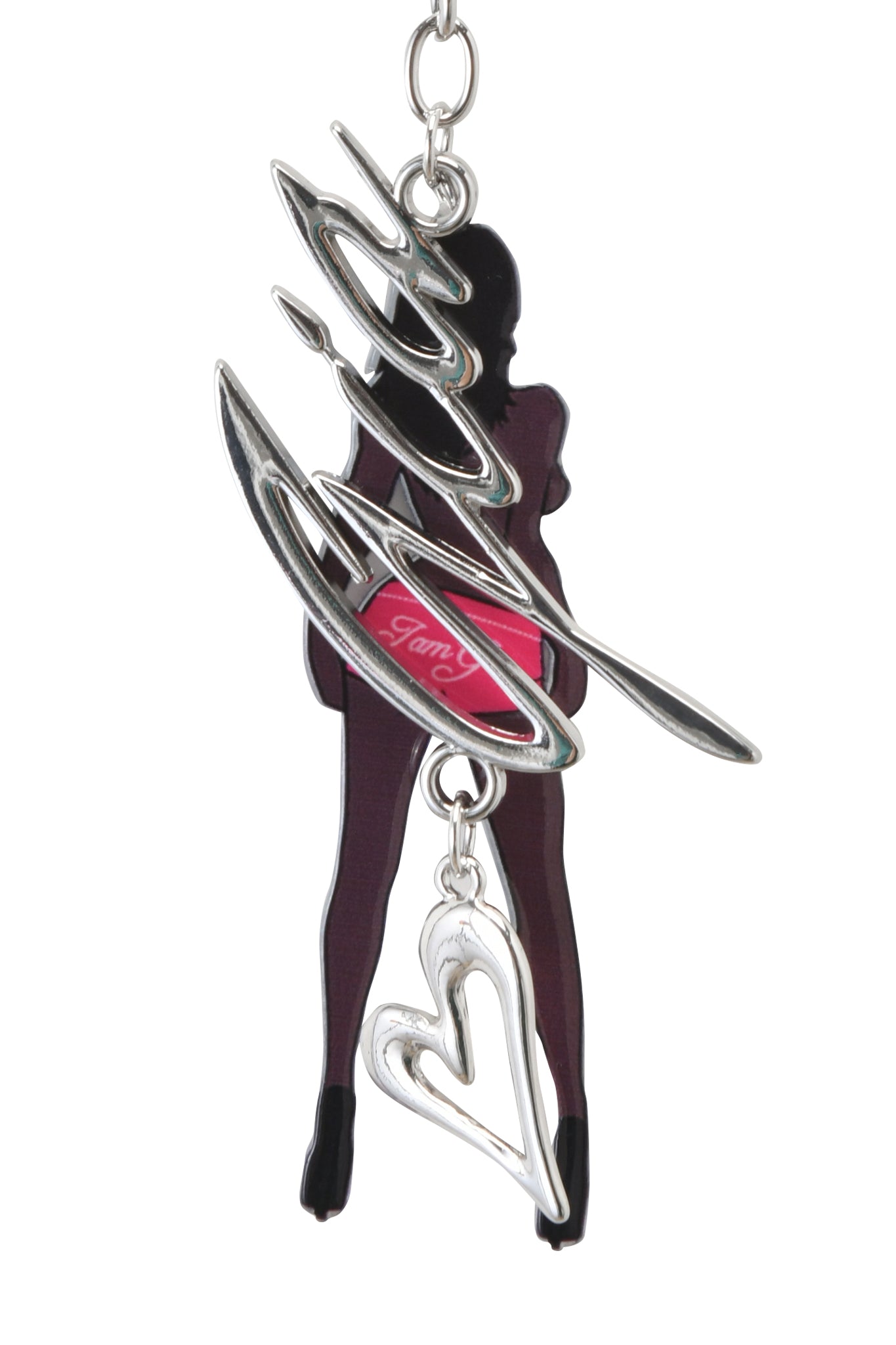 The BLARE KEYCHAIN - BRUNETTE by I.AM.GIA features a stylish iron woman silhouette in high heels with silver abstract swirls and a pink heart reading "Jane," plus a custom silver heart charm, all displayed on a white background.
