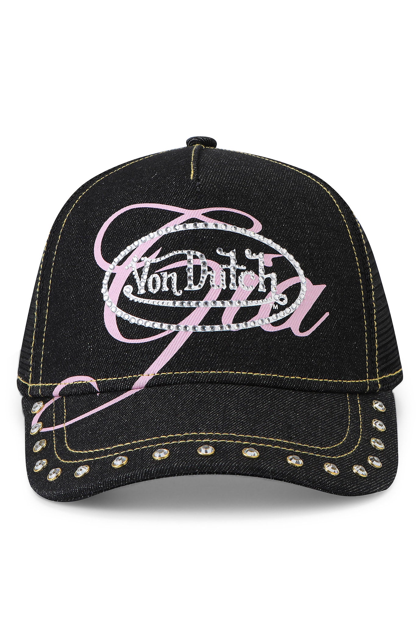 The I.AM.GIA X VON DUTCH TRUCKER HAT - INDIGO DENIM features indigo denim, white "Von Dutch" lettering, silver rhinestones on the brim, and bold pink "GIA" script across the front.